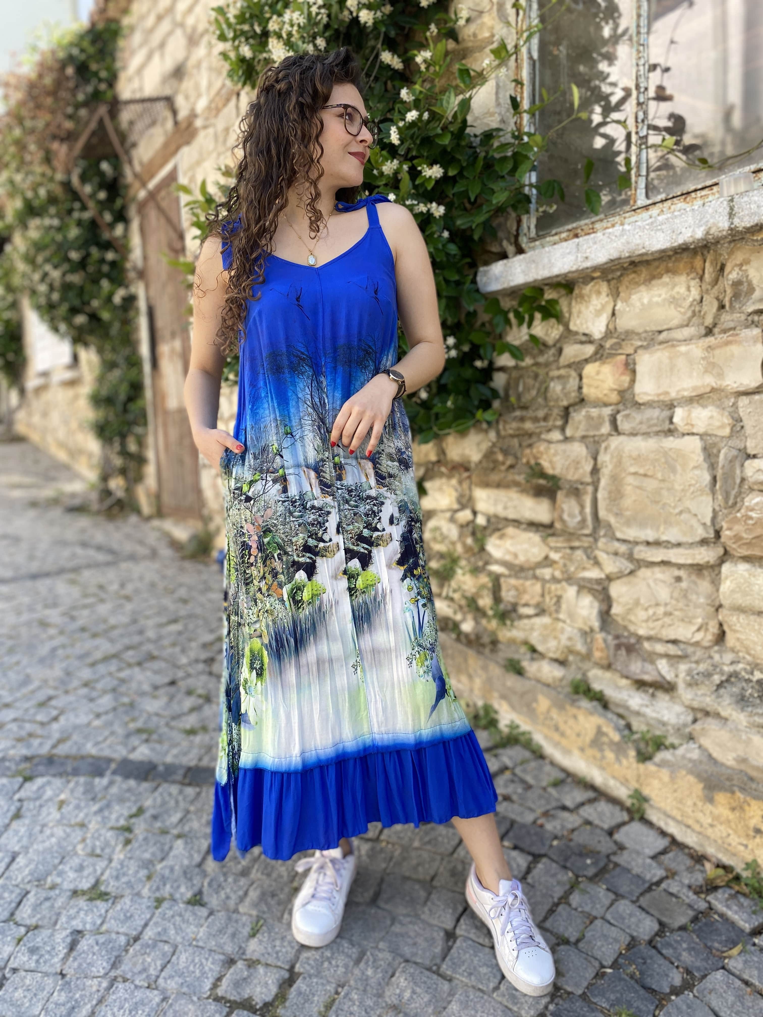 Vera Bağcıklı Viskon Elbise 594 - Saks Mavi