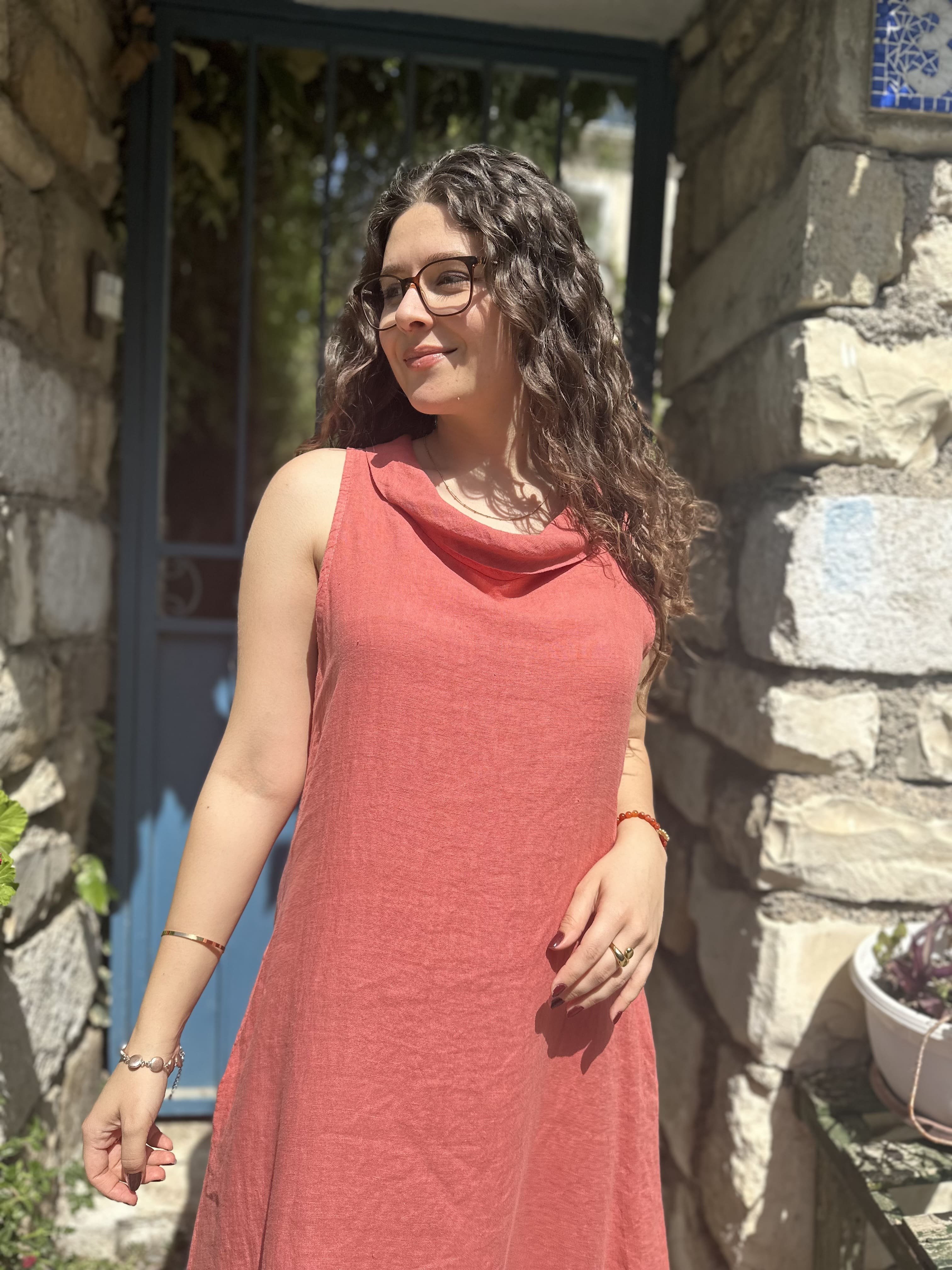 İtalyan Kolsuz Keten Elbise 25396 - Gül Kurusu