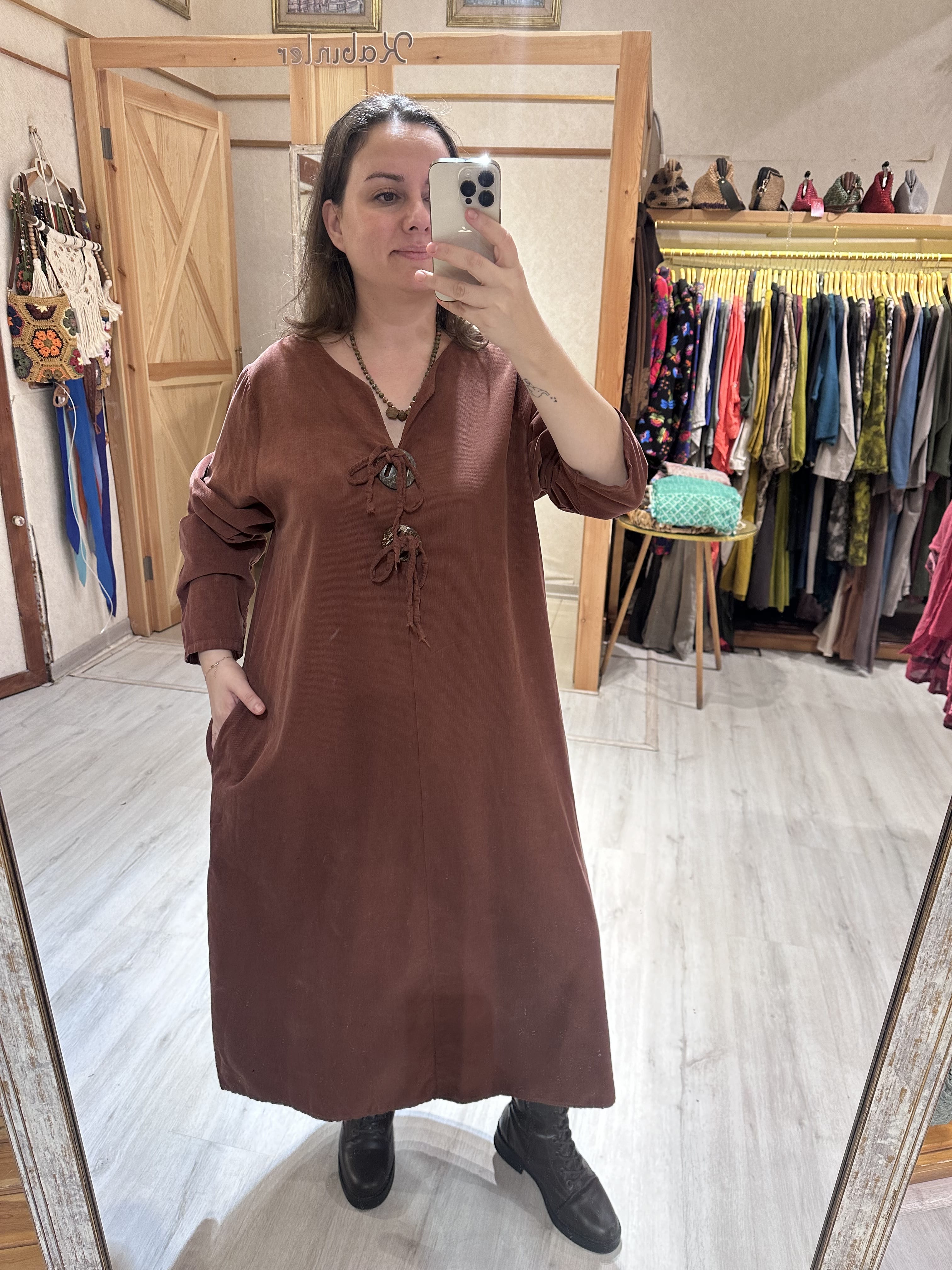 Büyük Düğme Detay İtalyan Kadife Elbise 24202 - Kiremit