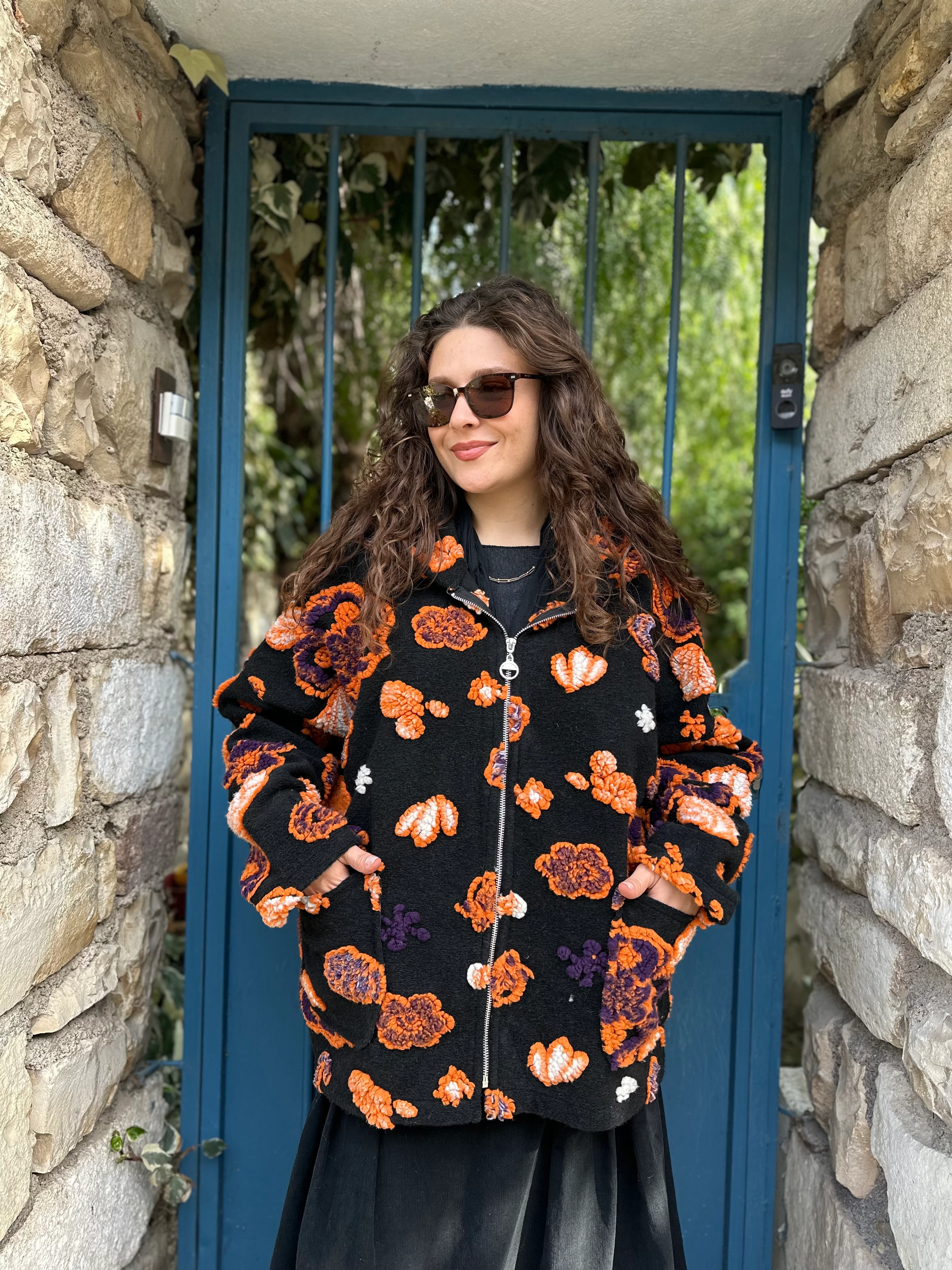 Yaprak Desen Fermuarlu Keçe Kaban A0056 - Siyah