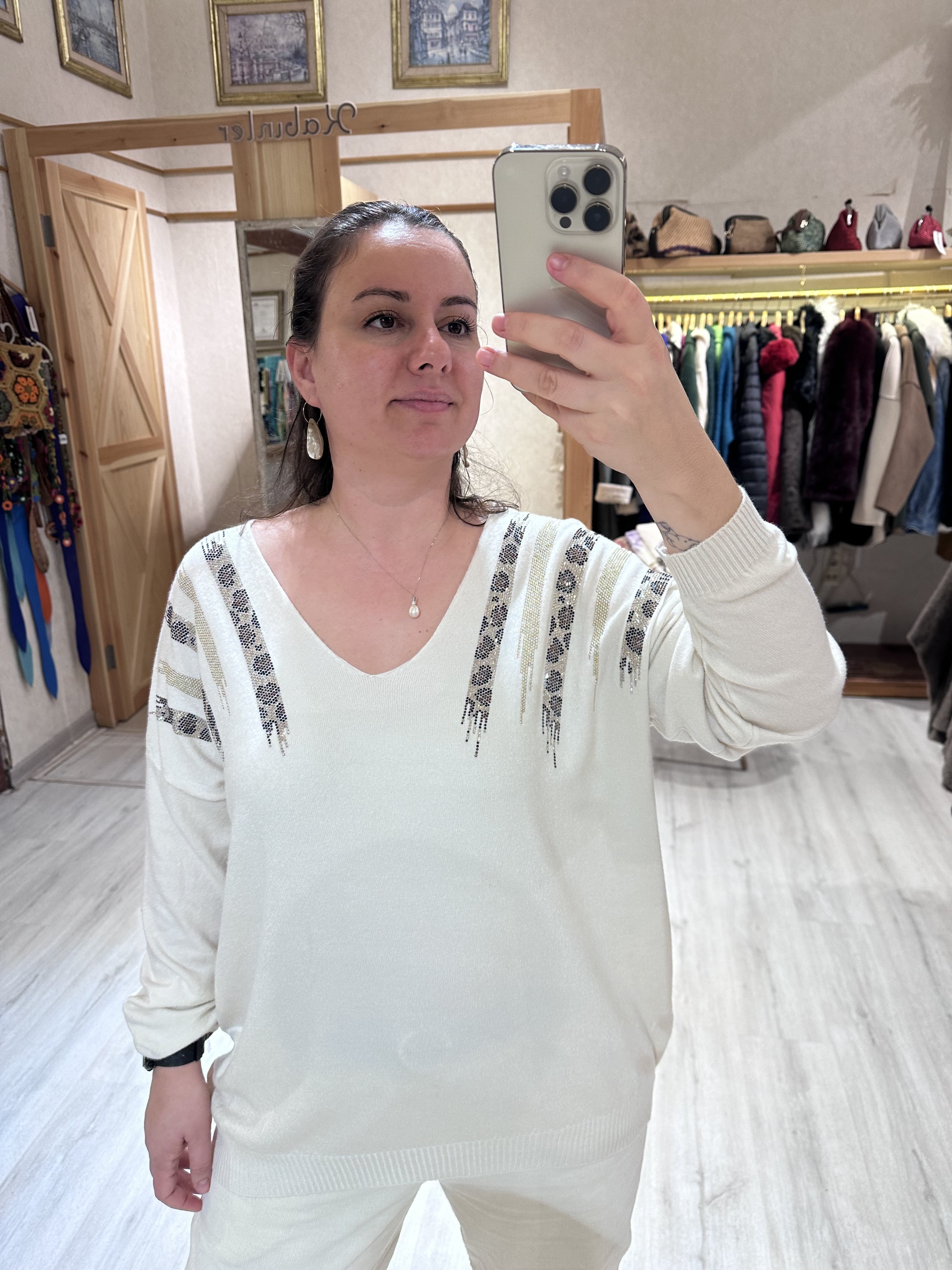 İtalyan V Yaka Bluz 20011 - Ekru