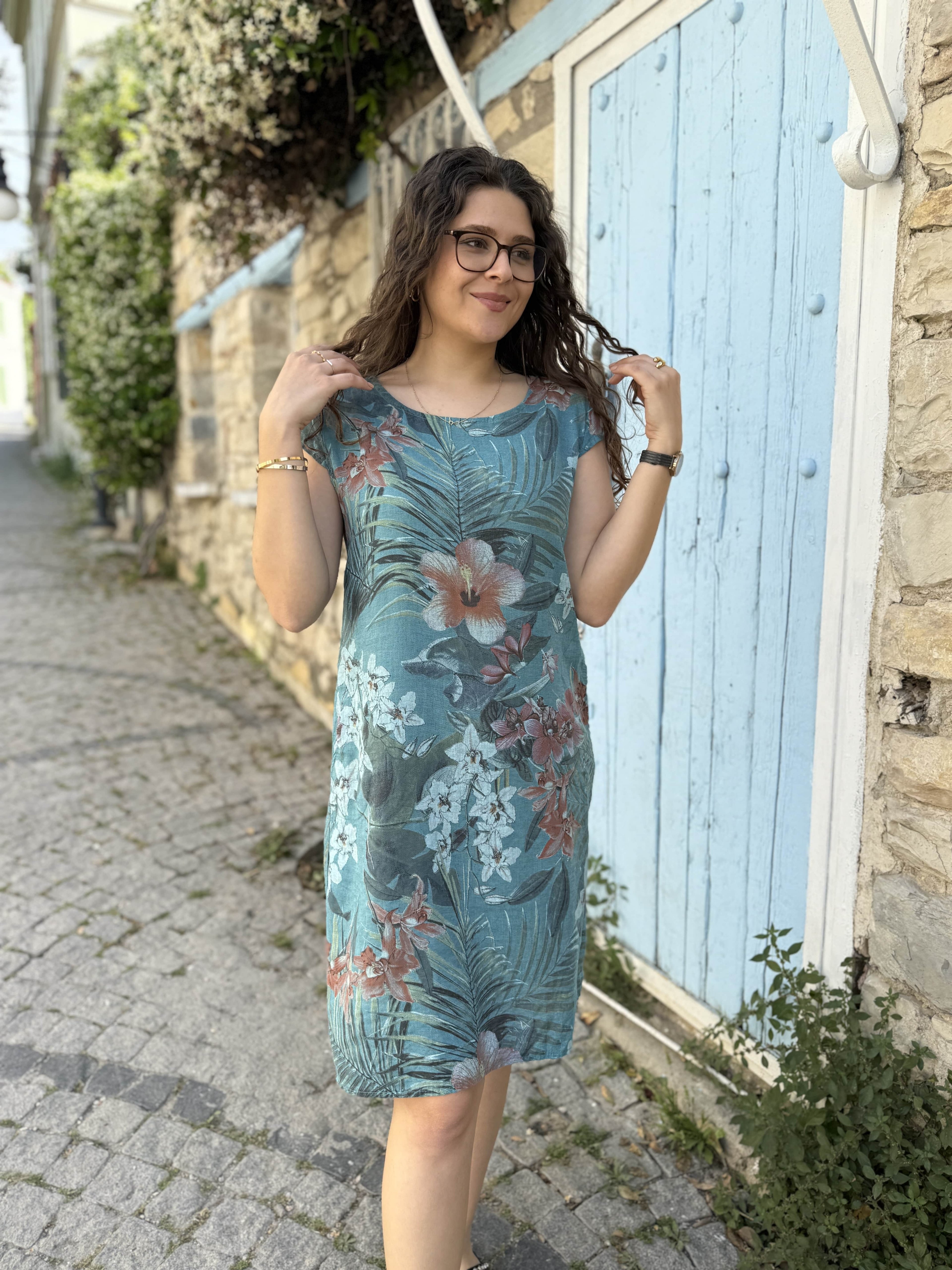 Kaşkorse Çiçek Desenli Keten Elbise D021