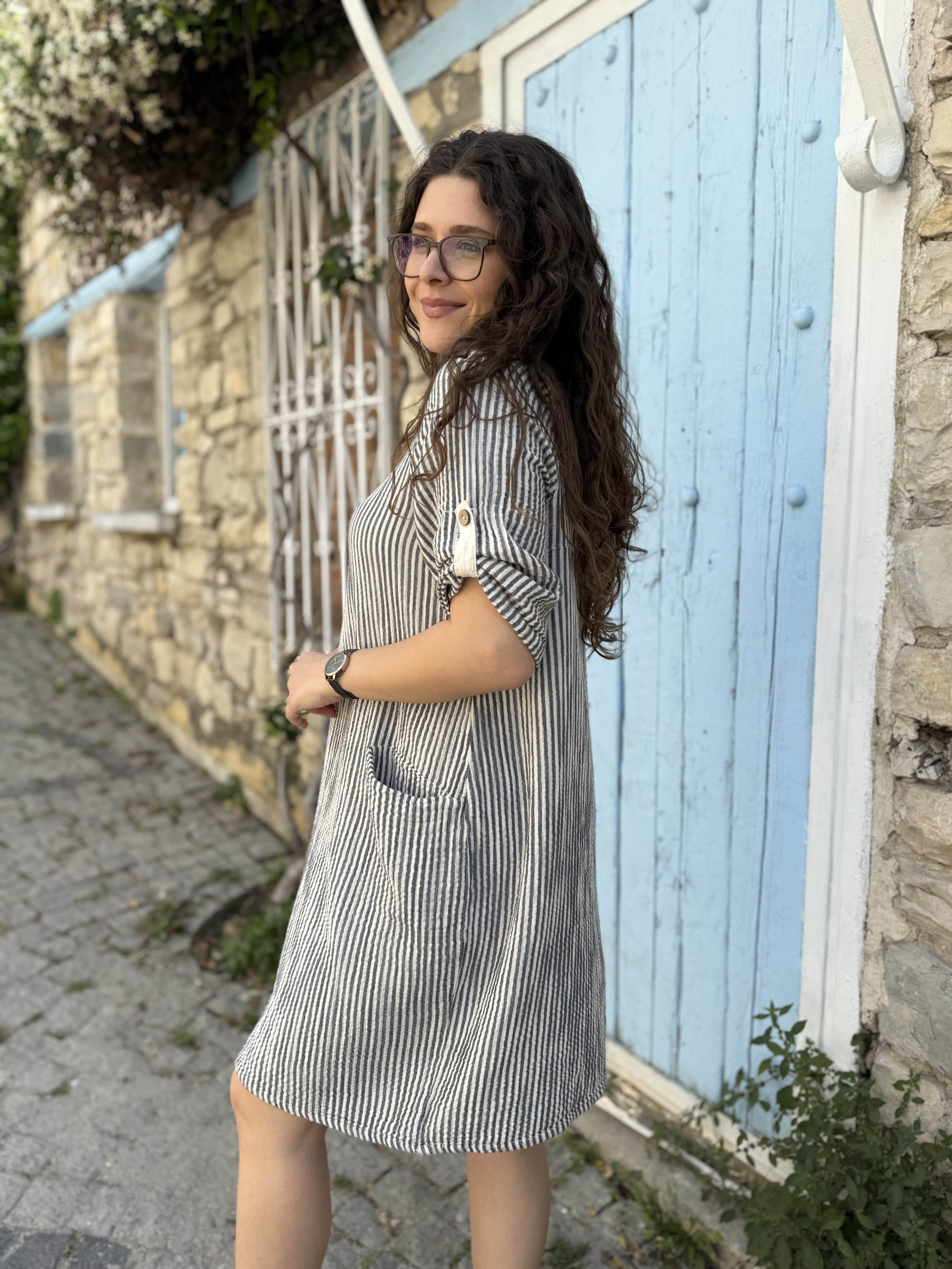 Çizgili Yarım Kollu Elbise 