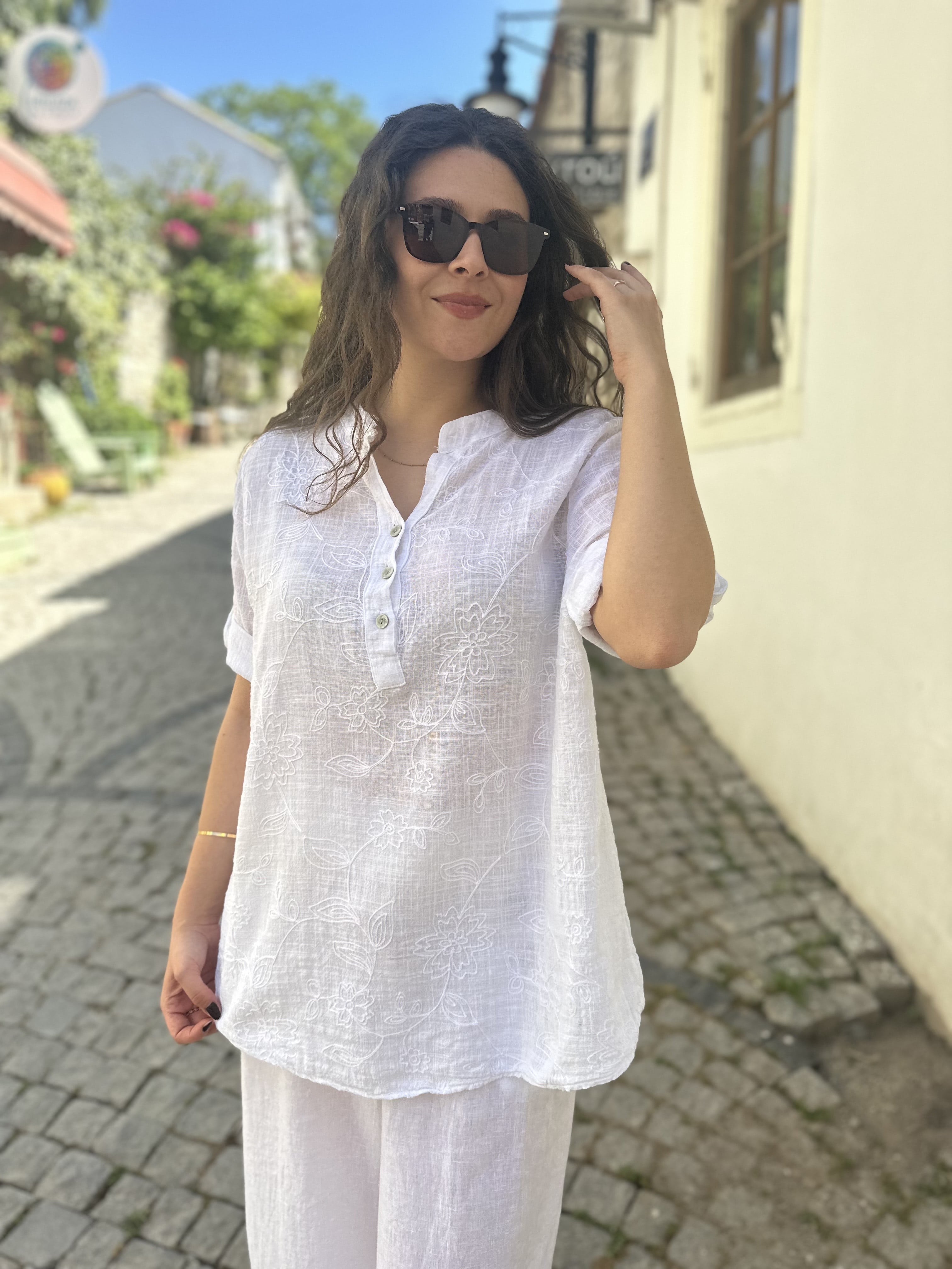 Çiçek Kabartma Gömlek 25455 - Beyaz