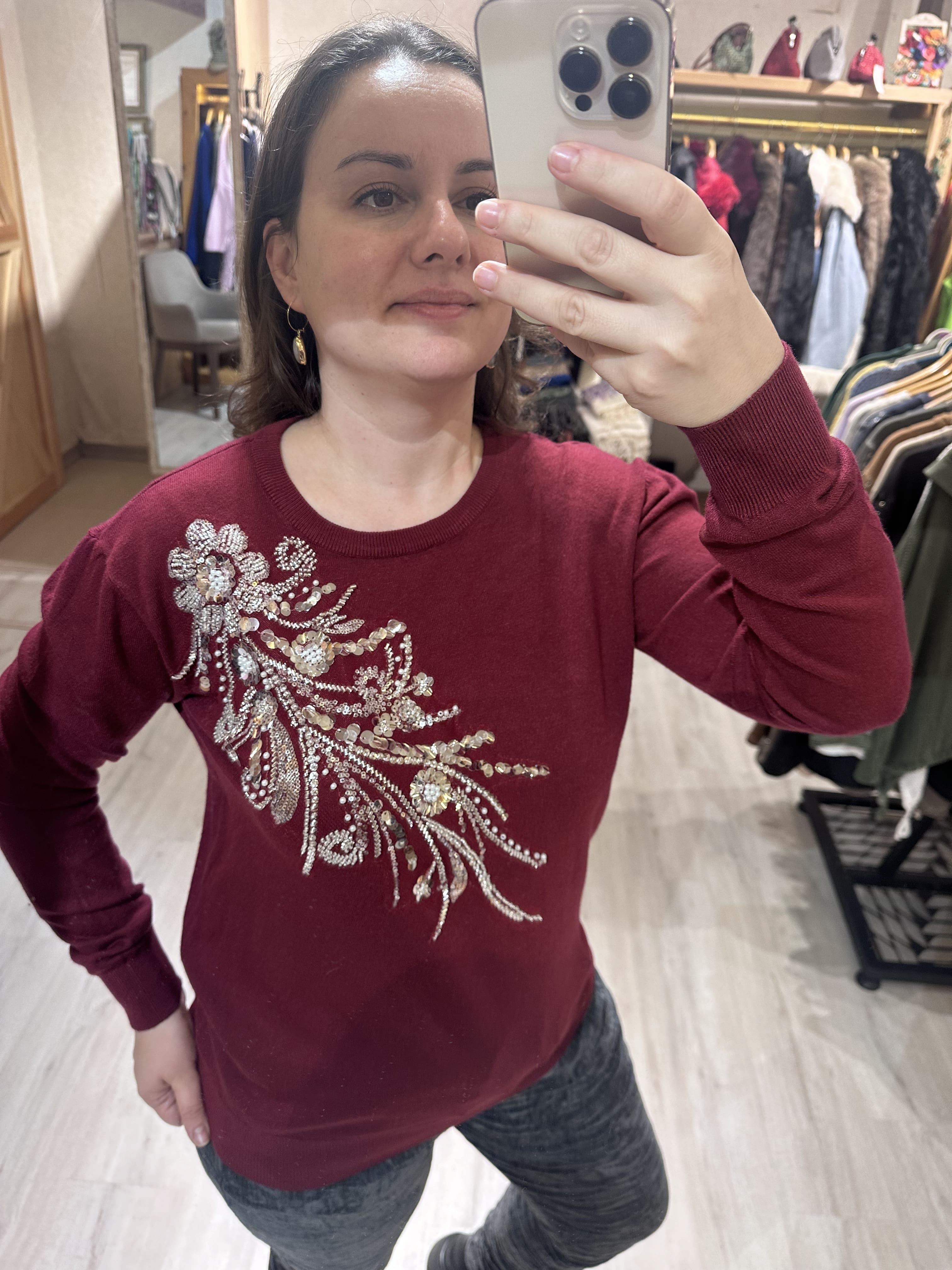 Çapraz Pul Payetli Triko Kazak JD9949 - Bordo