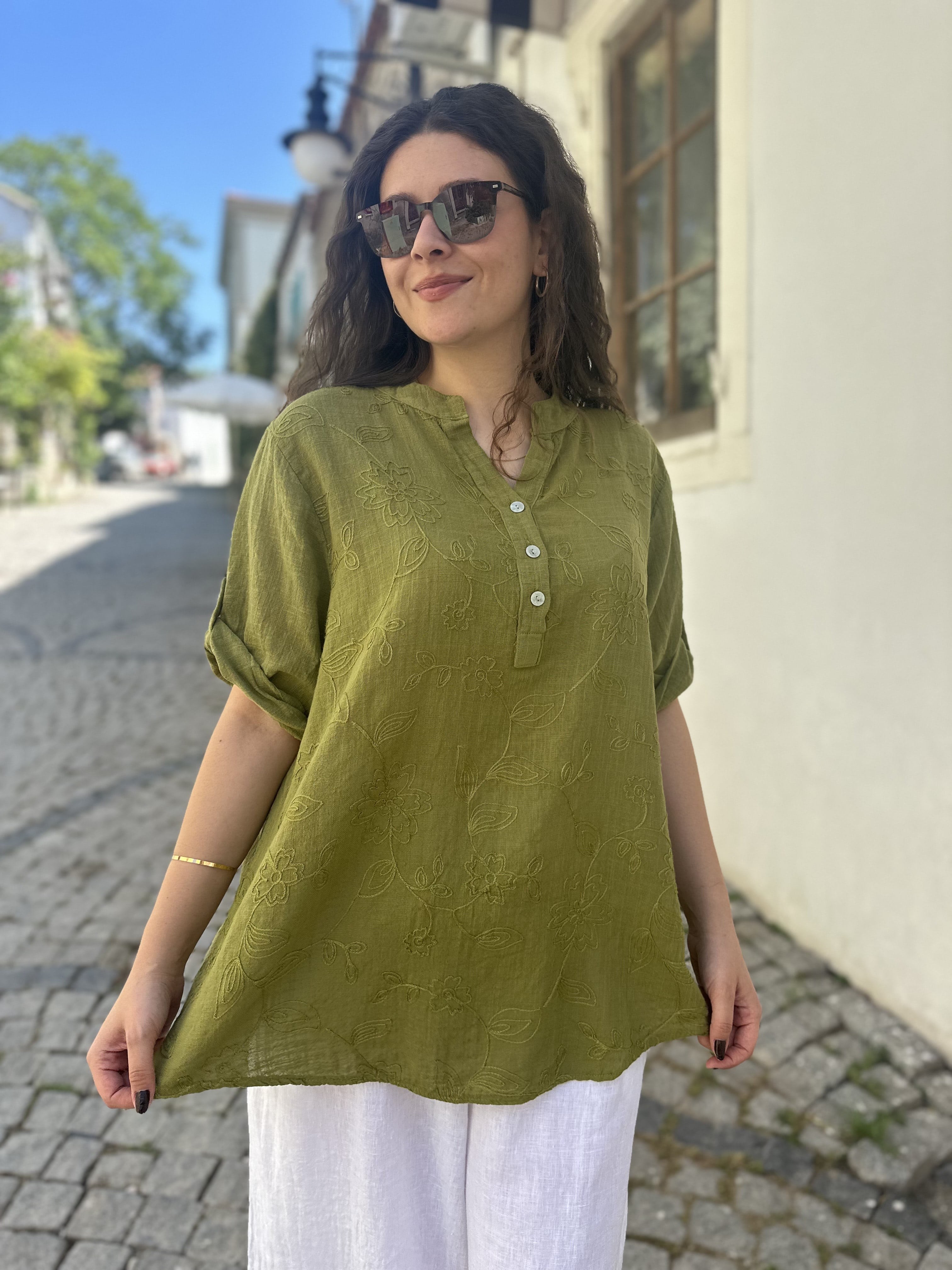 Çiçek Kabartma Gömlek 25455 - OLİVE