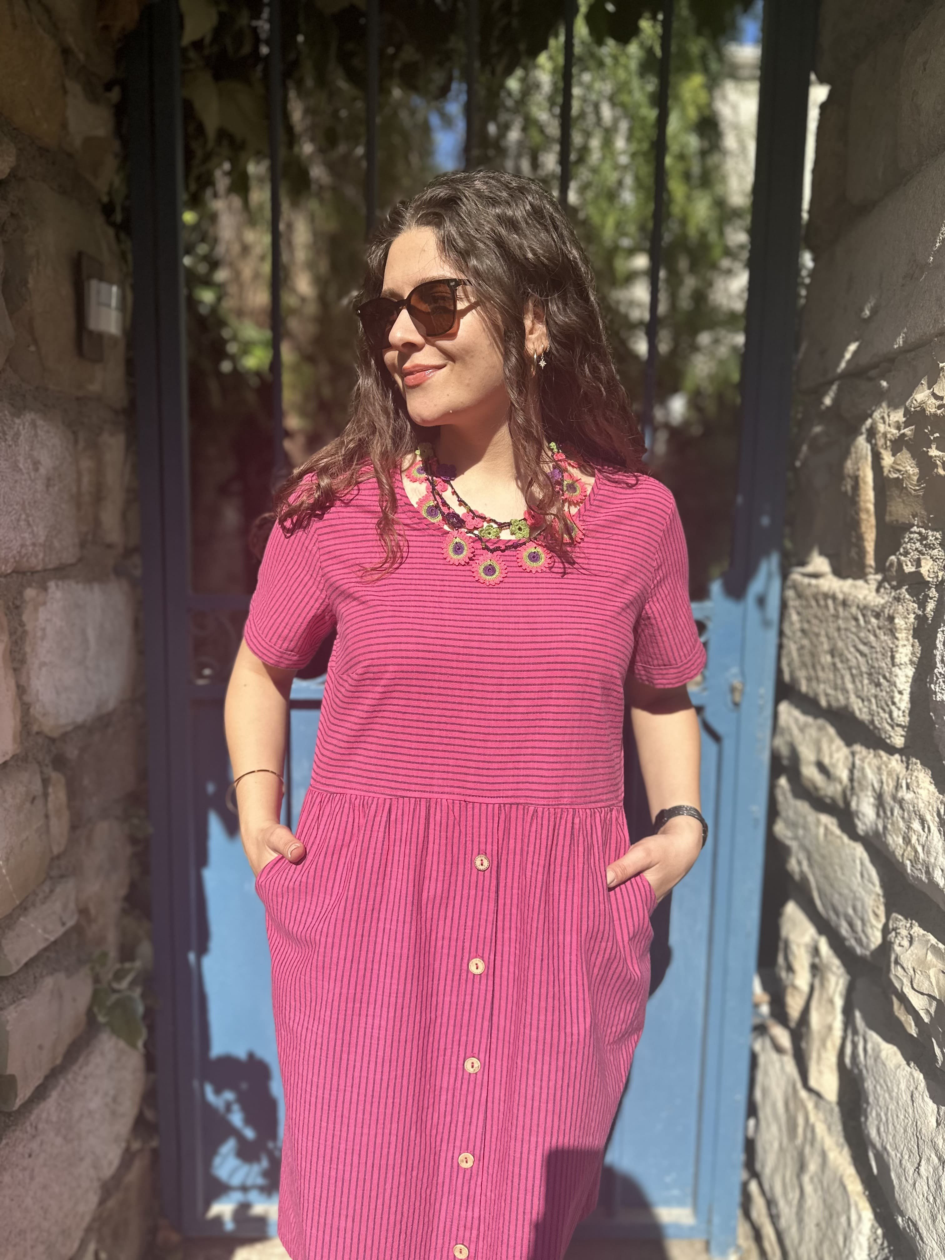 Karmen Çizgili Elbise 616 - Fuşya