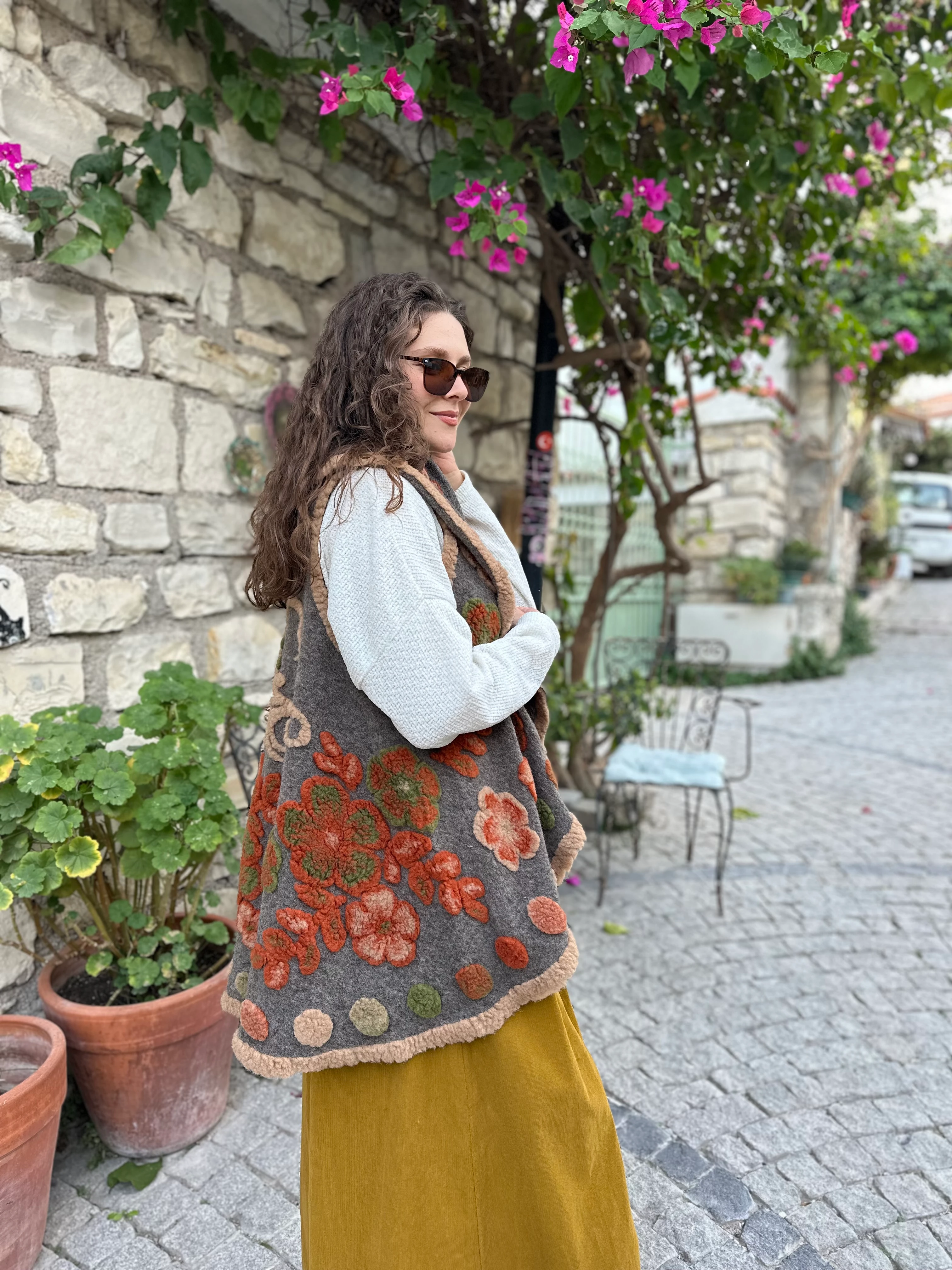 Splash Çiçek Desen Keçe Yelek K032