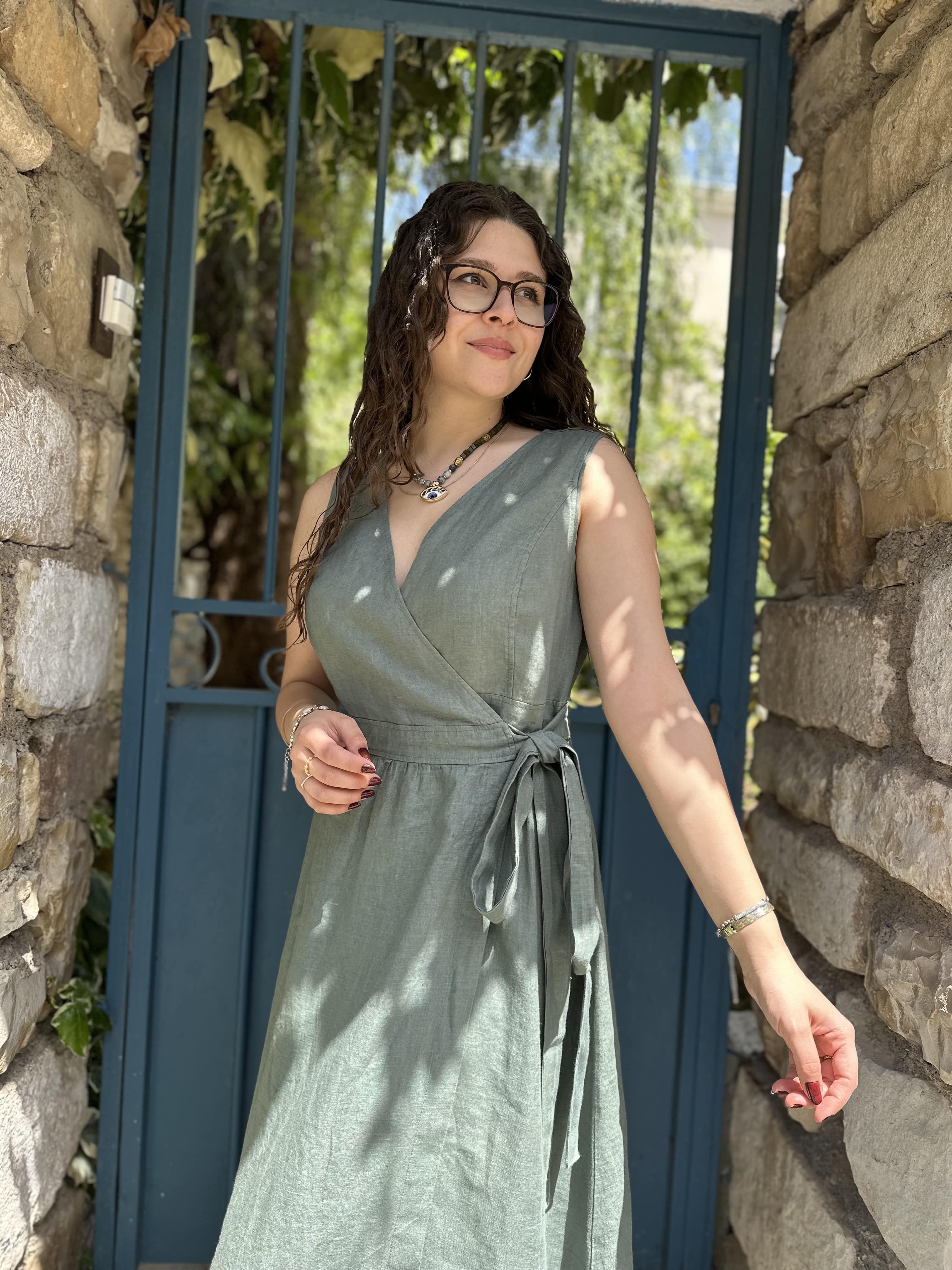Kruvaze Duru Keten Elbise 348 - Çağla Yeşili