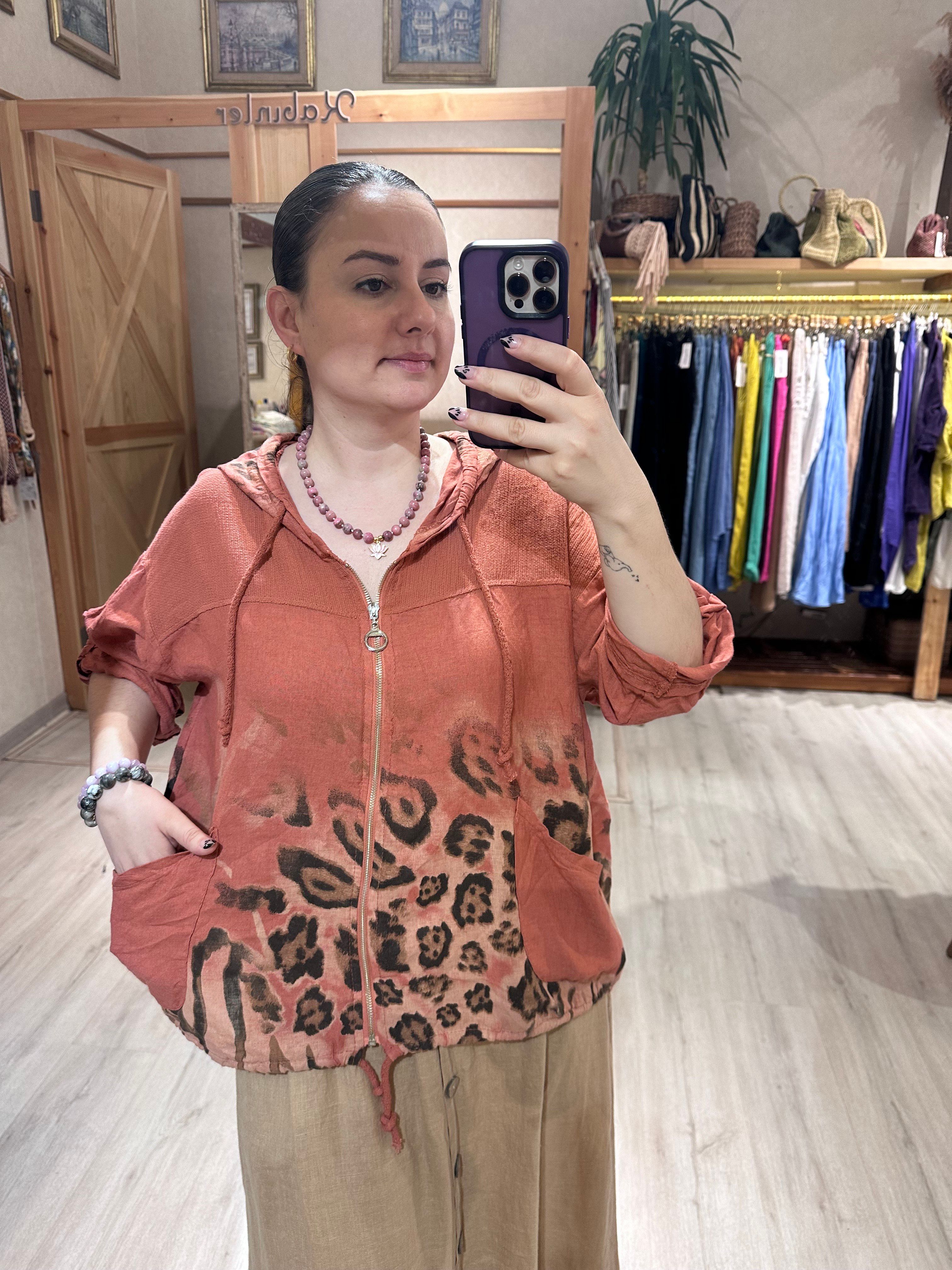 Keten Leopar Desen Fermuarlı Ceket 16022
