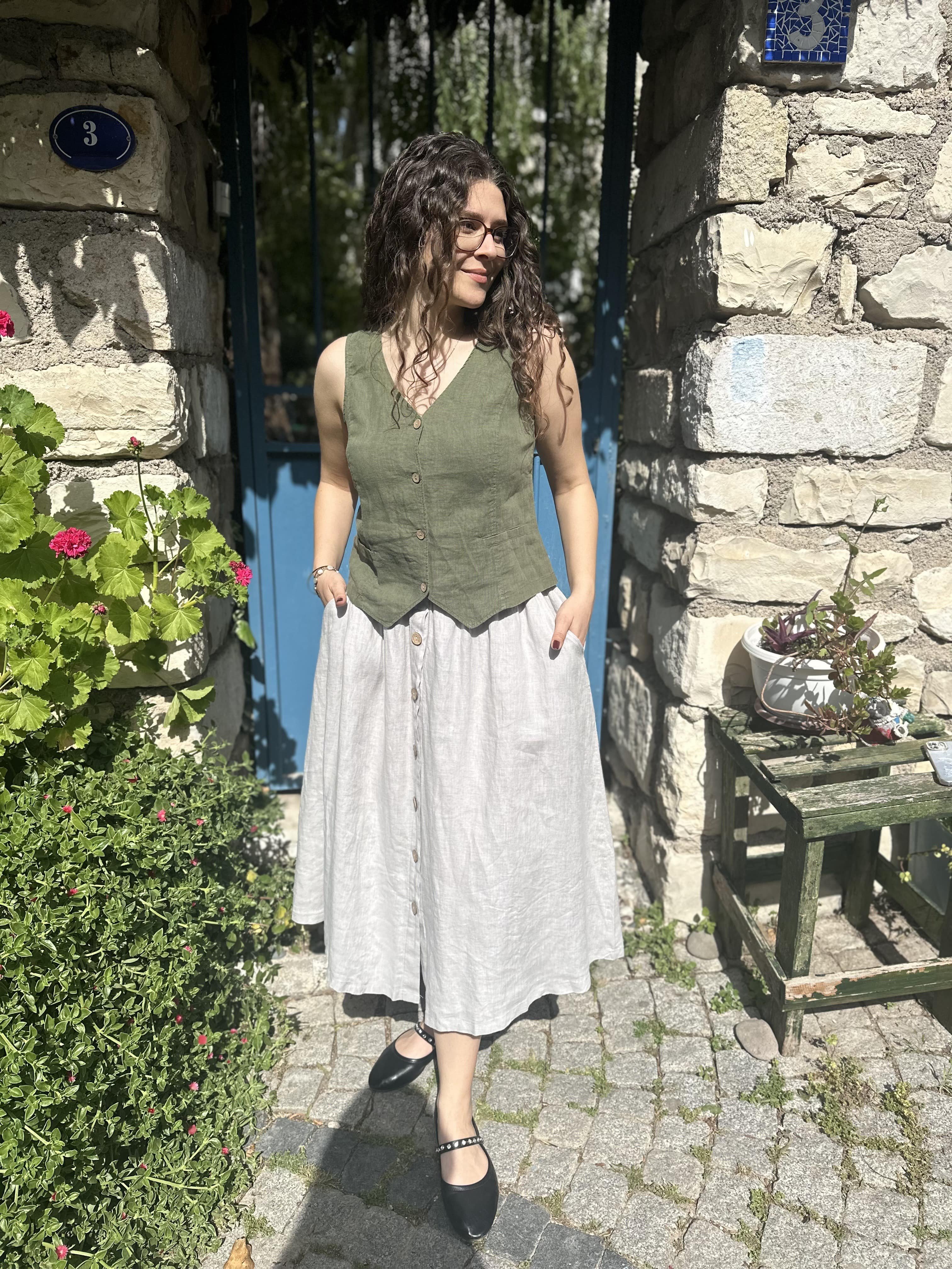 Önü Düğmeli Keten Etek 311 - Gri