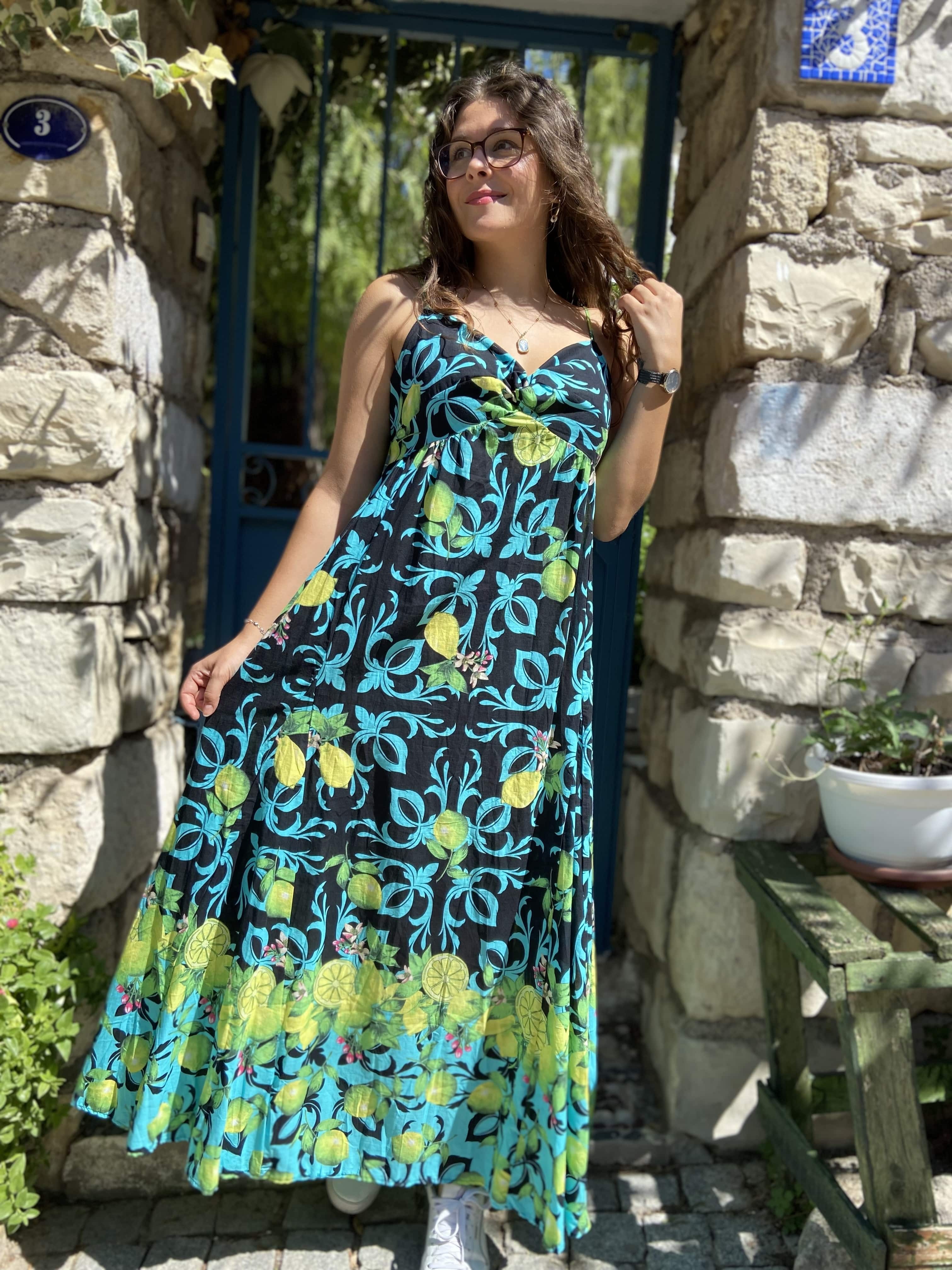 İp Askılı Limon Desen Vual Elbise 