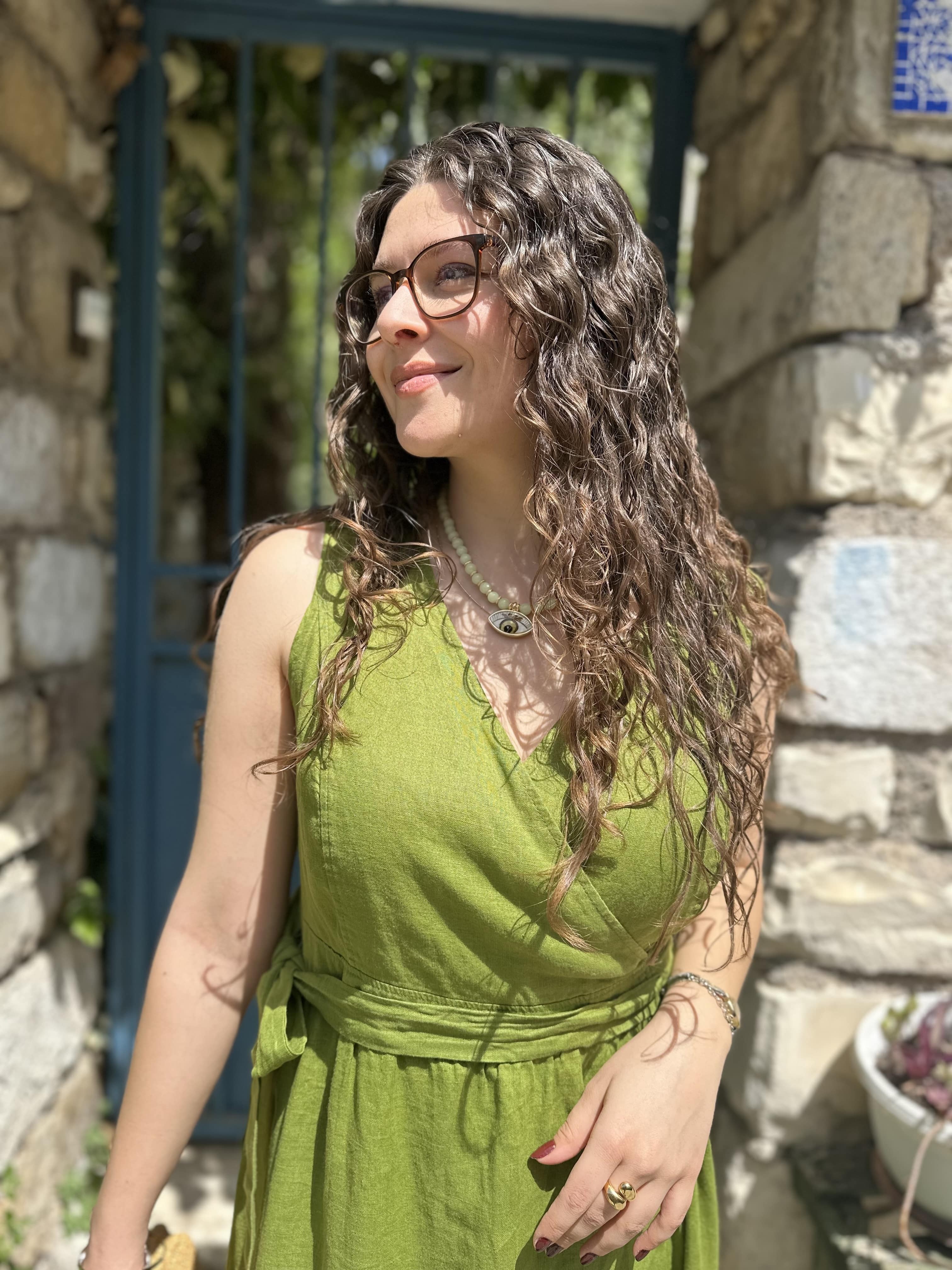 Kruvaze Duru Keten Elbise 348 - OLİVE