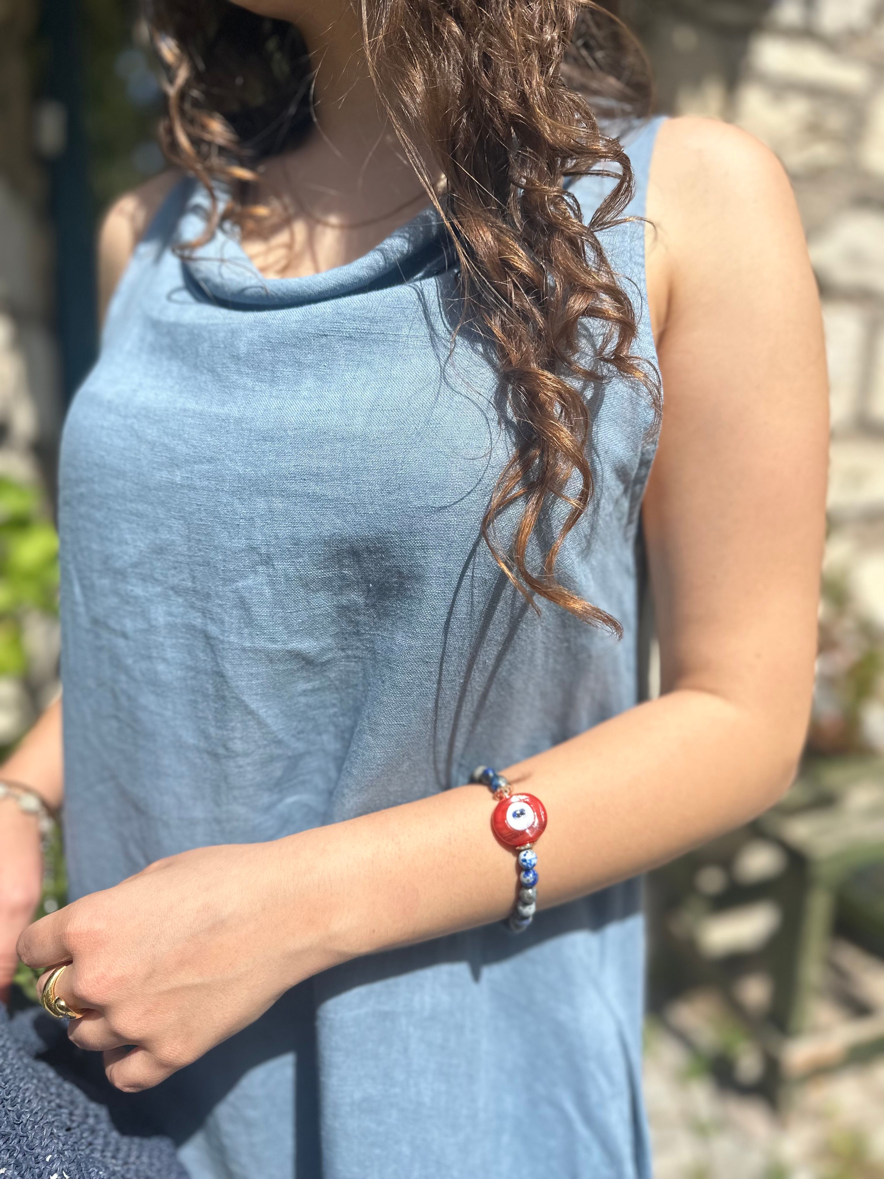 İtalyan Kolsuz Keten Elbise 25396 - Mavi