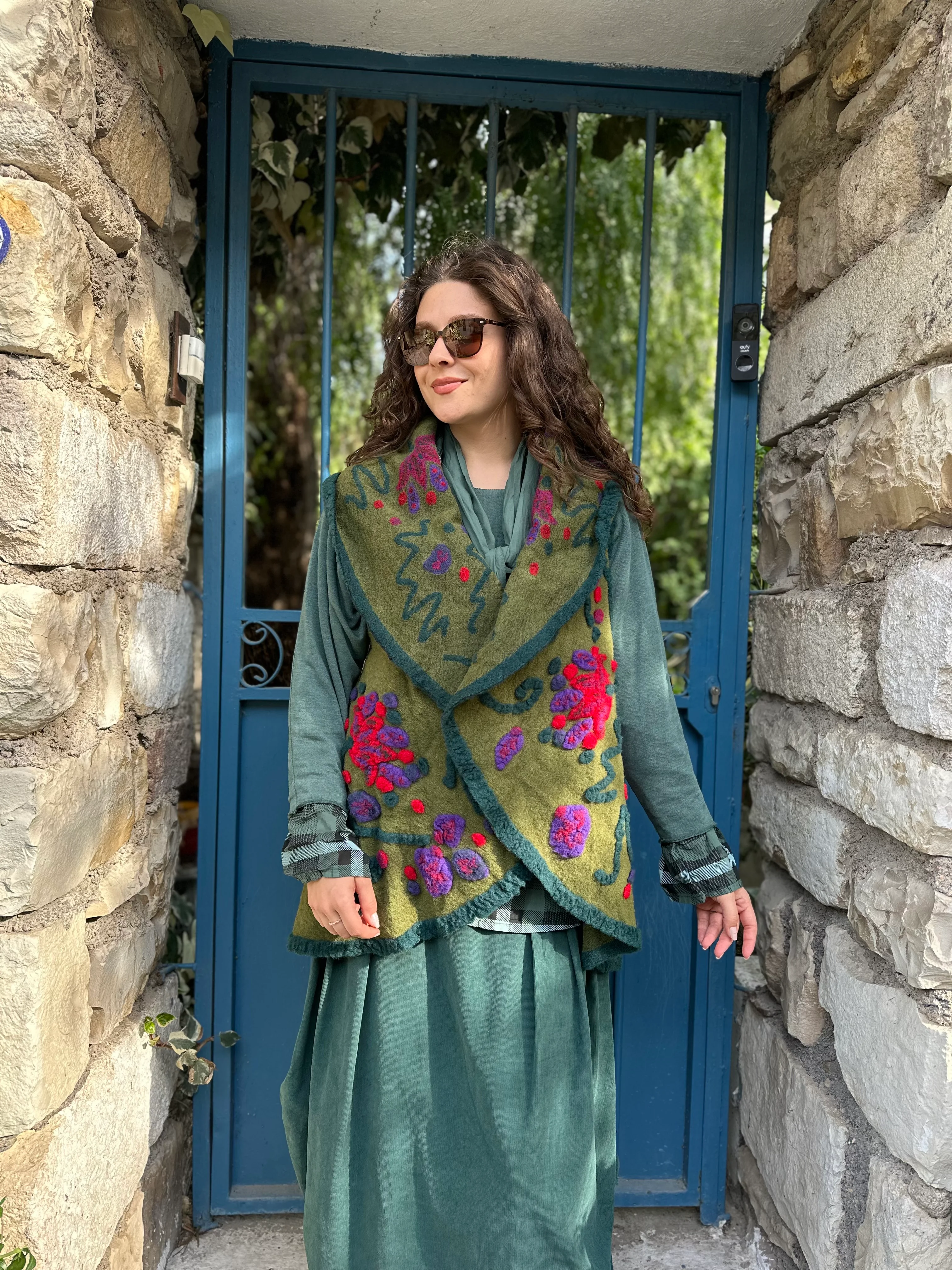 Splash Çiçek Desen Keçe Yelek K032 - Asker Yeşili