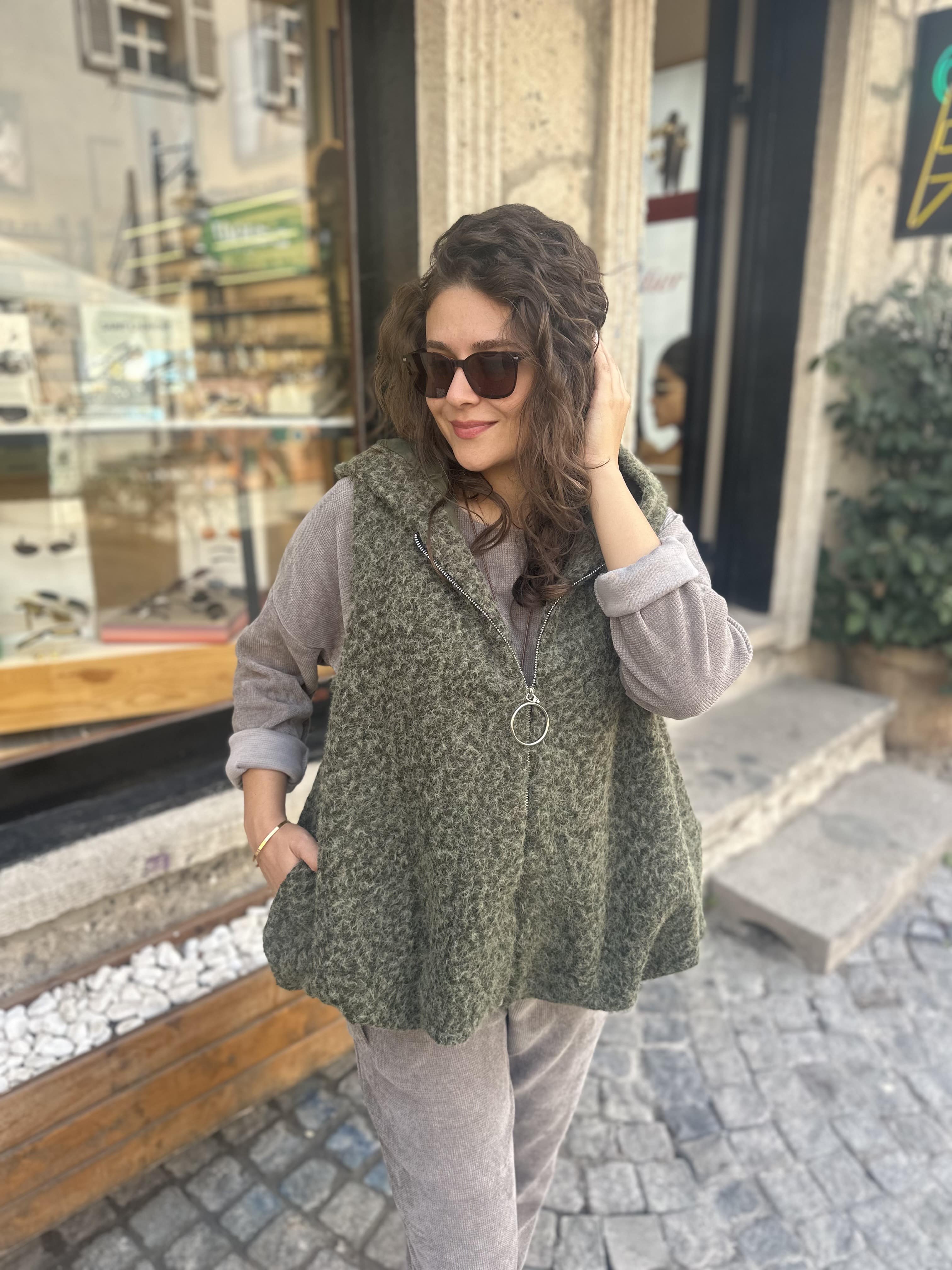Fermuarlı Keçe Yelek 60909 - Haki