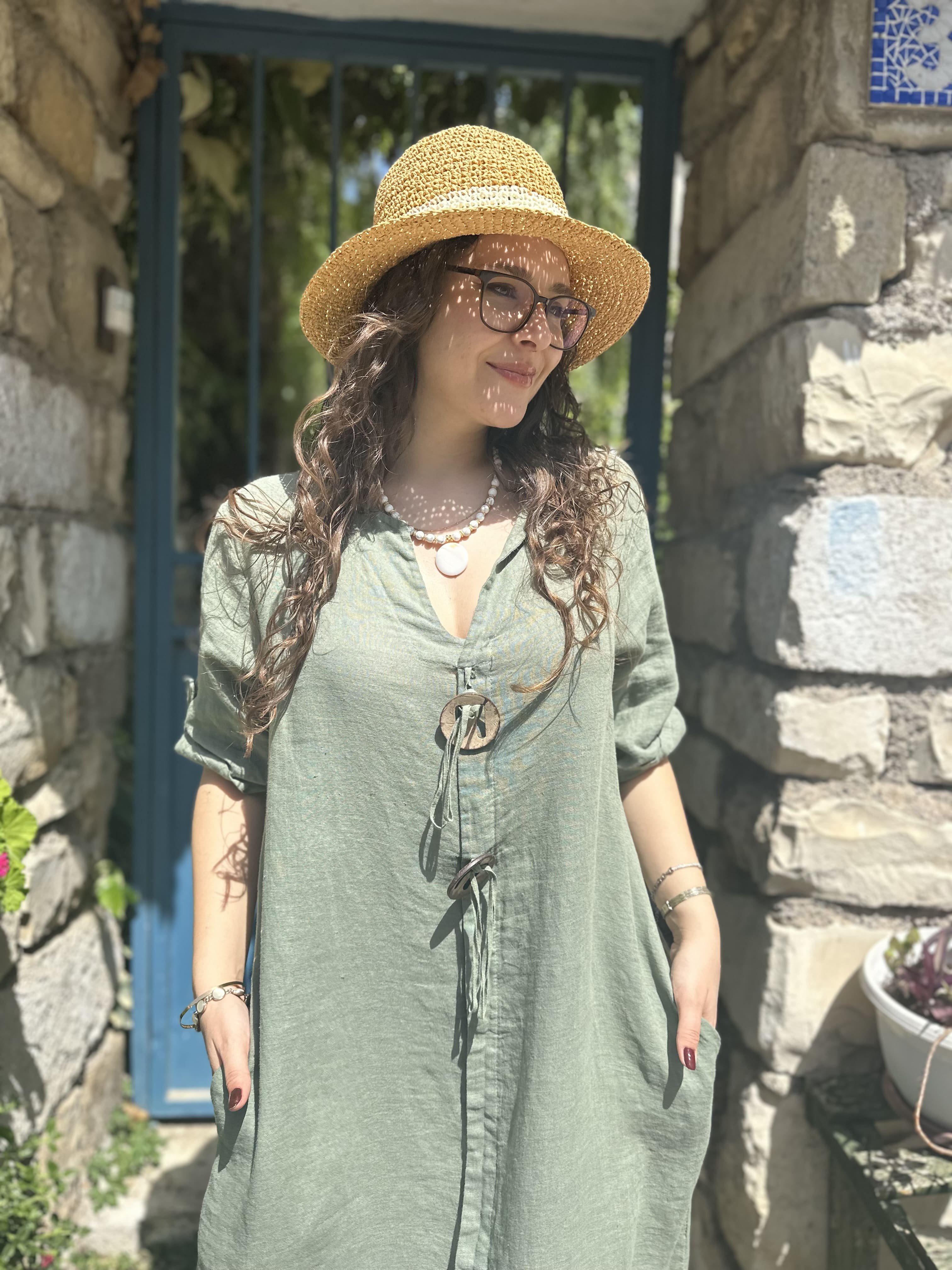 Düğme Detaylı Kısa Kol Keten Elbise  - Haki