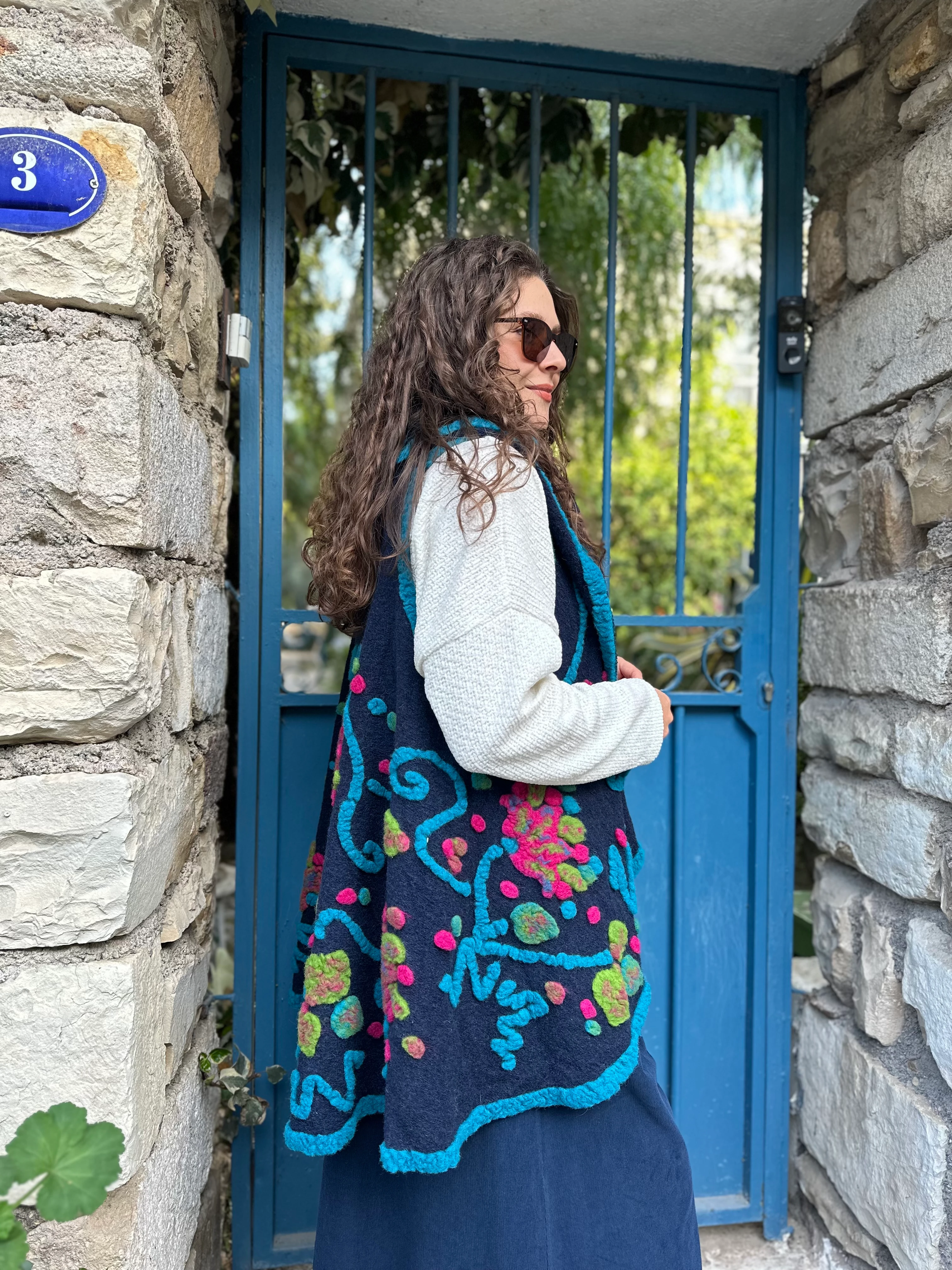 Splash Çiçek Desen Keçe Yelek K032 - Lacivert