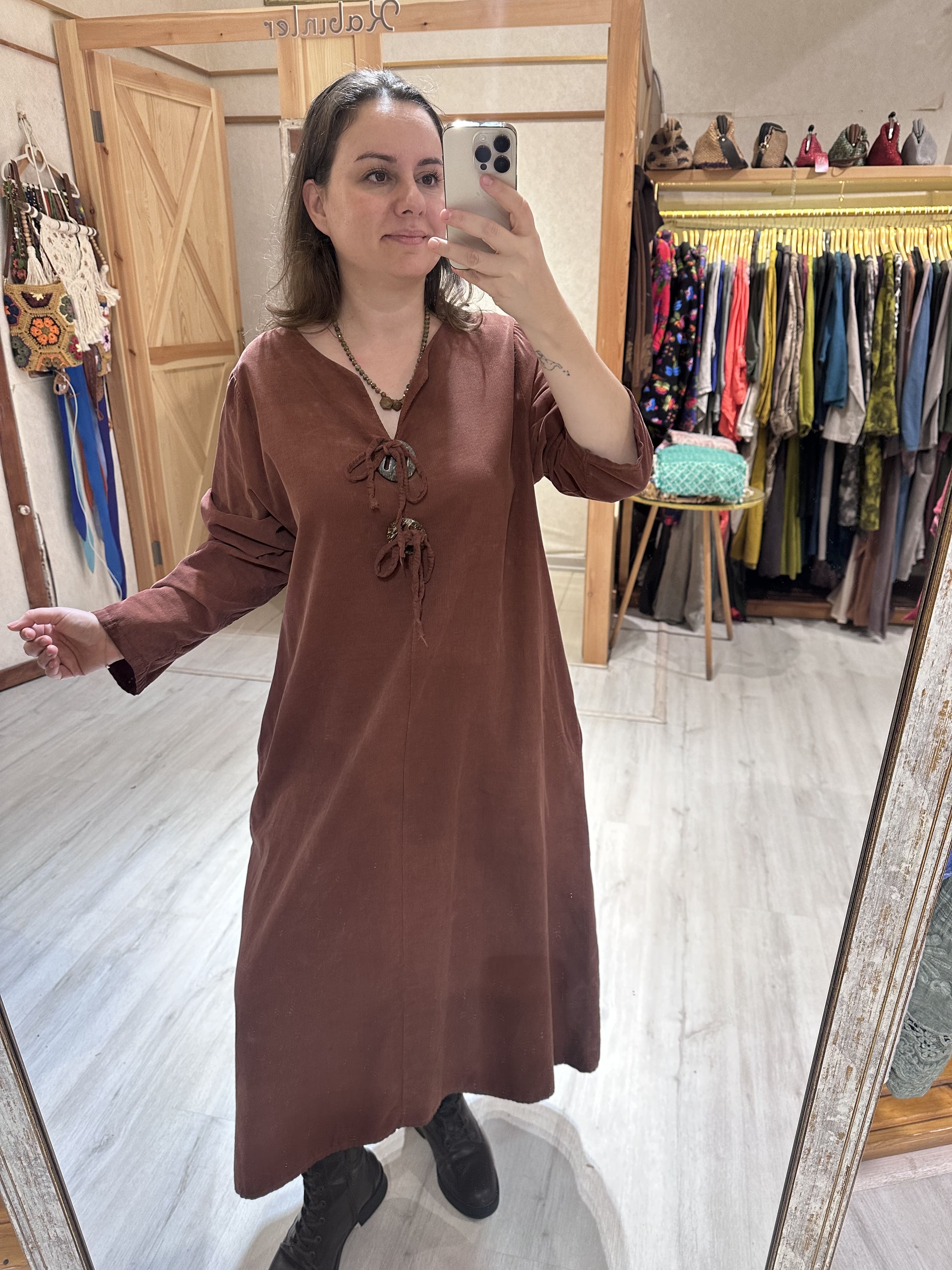 Büyük Düğme Detay İtalyan Kadife Elbise 24202