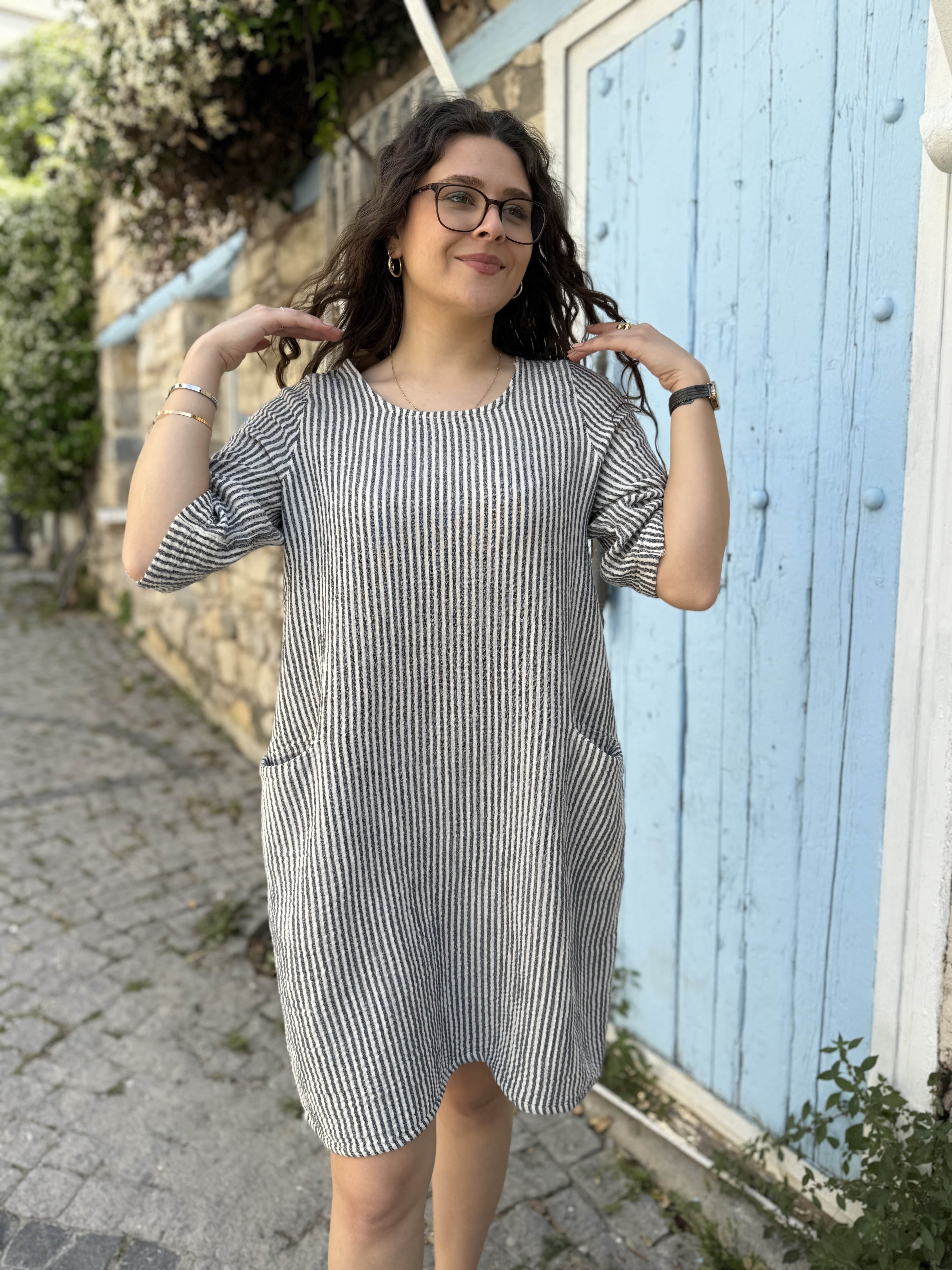Çizgili Yarım Kollu Elbise 