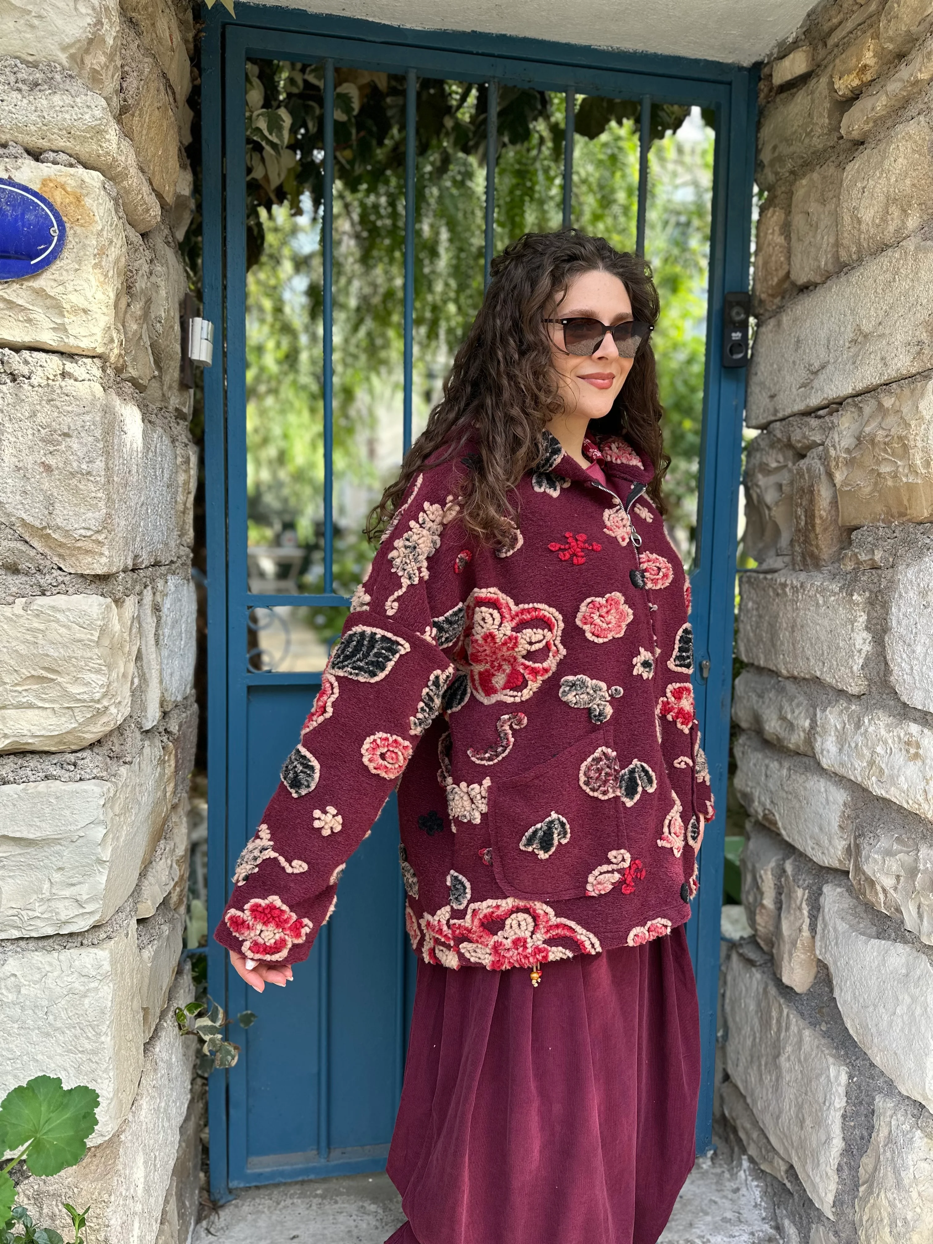 Yaprak Desen Fermuarlu Keçe Kaban A0056