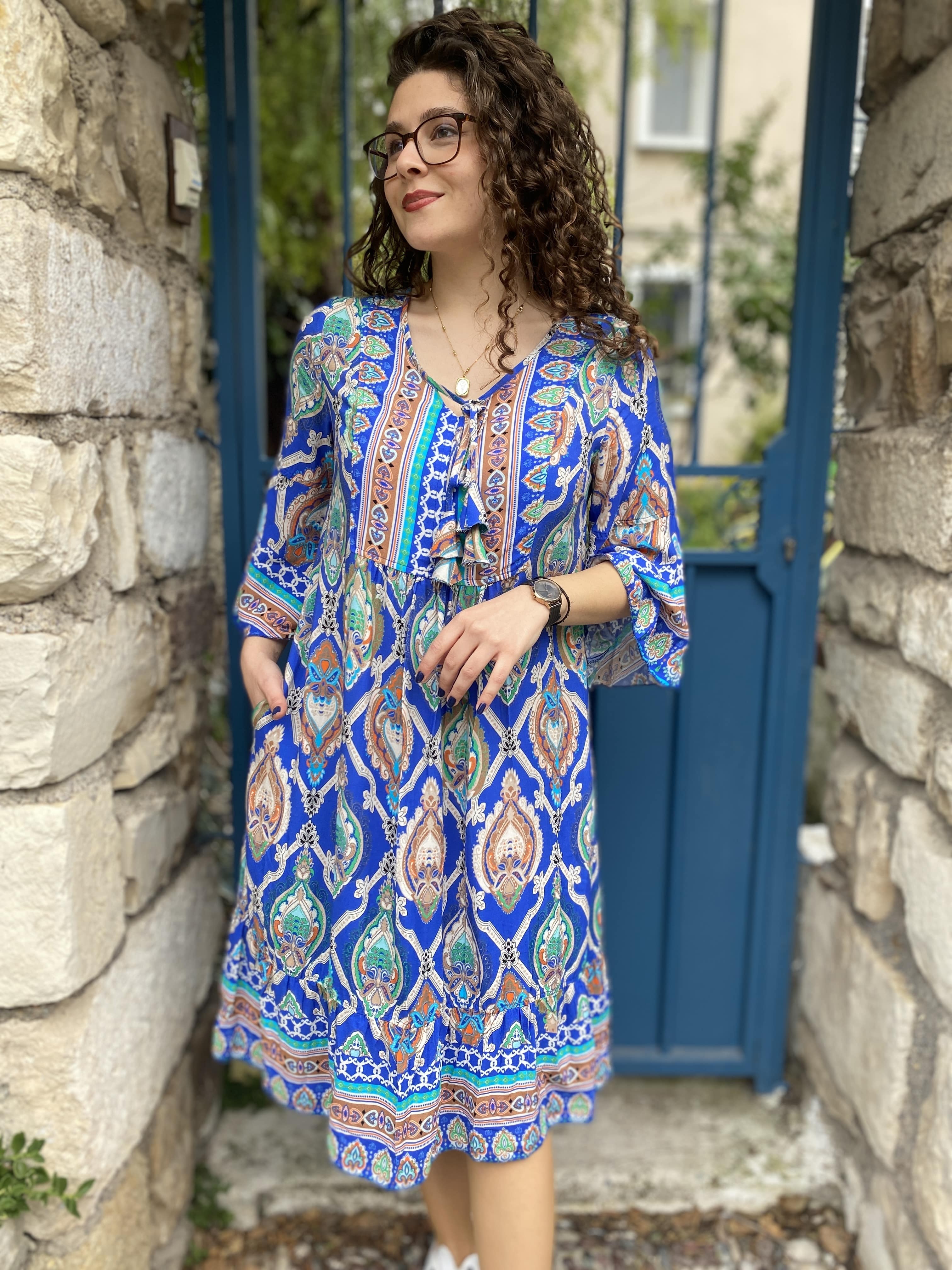 Bohem Kısa Kollu Yeni Desen Elbise 632 - Saks Mavi