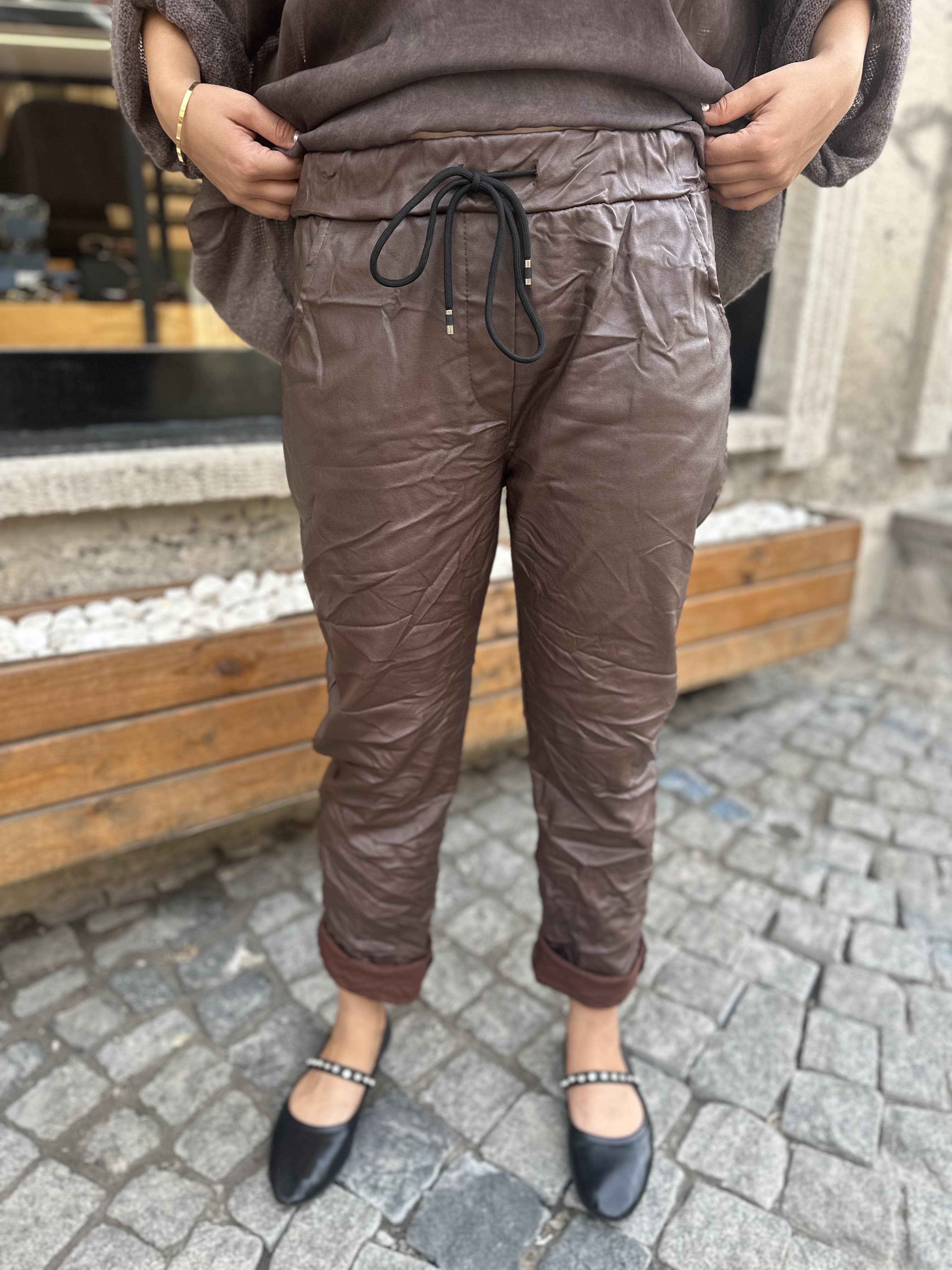 Düz Desen Deri Pantolon 22078