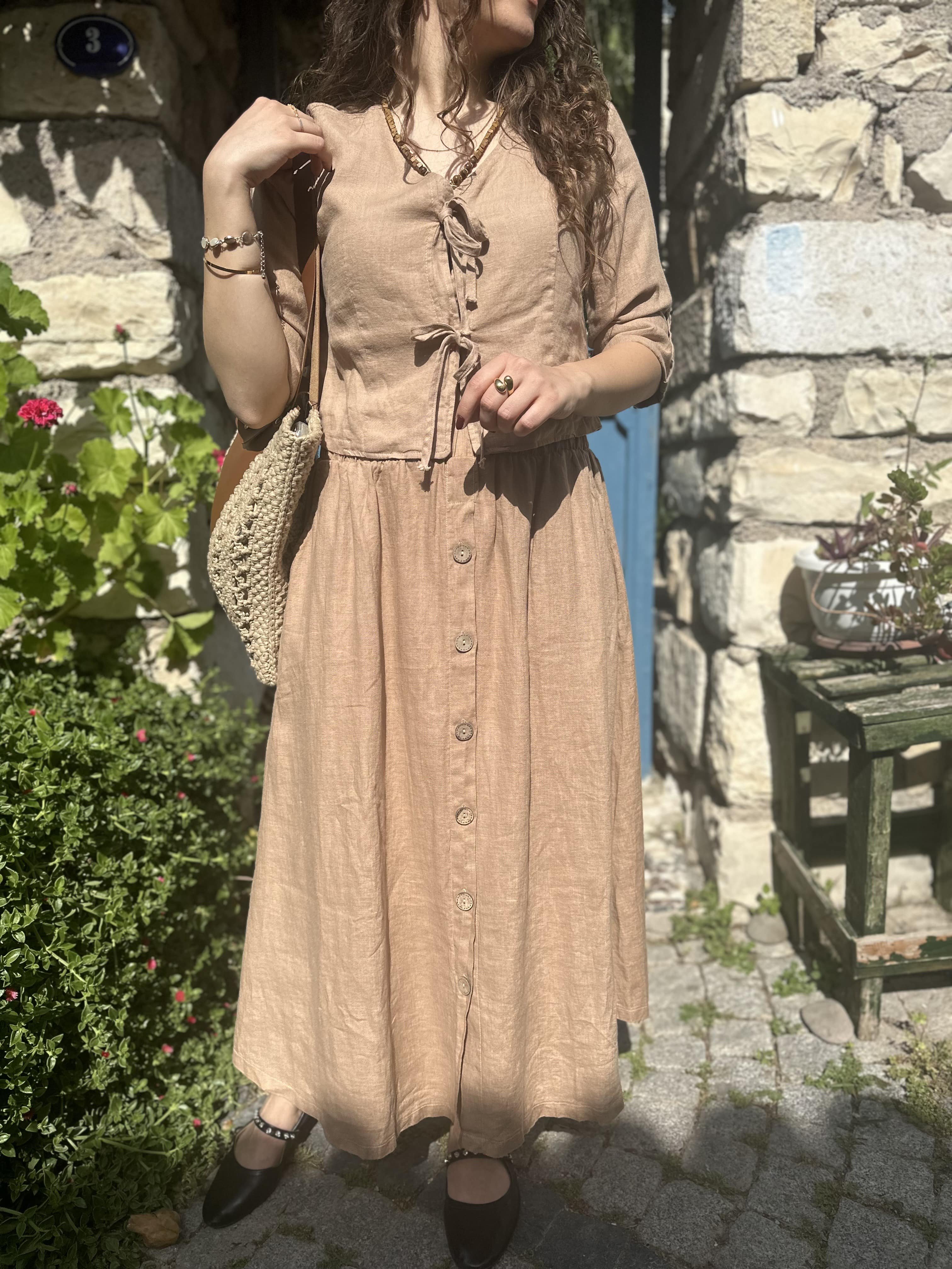 Önü Düğmeli Keten Etek 311 - Cappucino