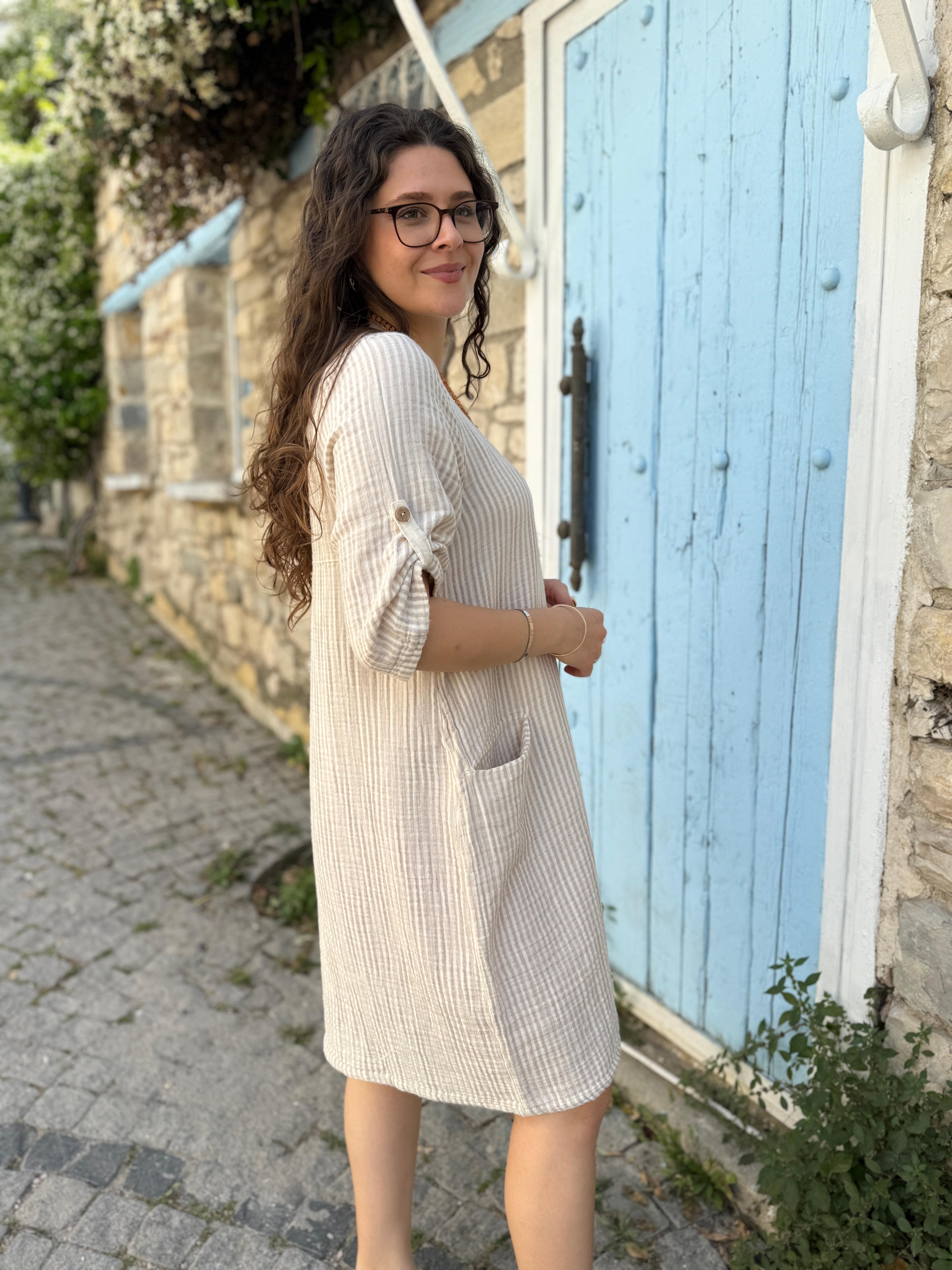 Çizgili Yarım Kollu Elbise  - BEJ