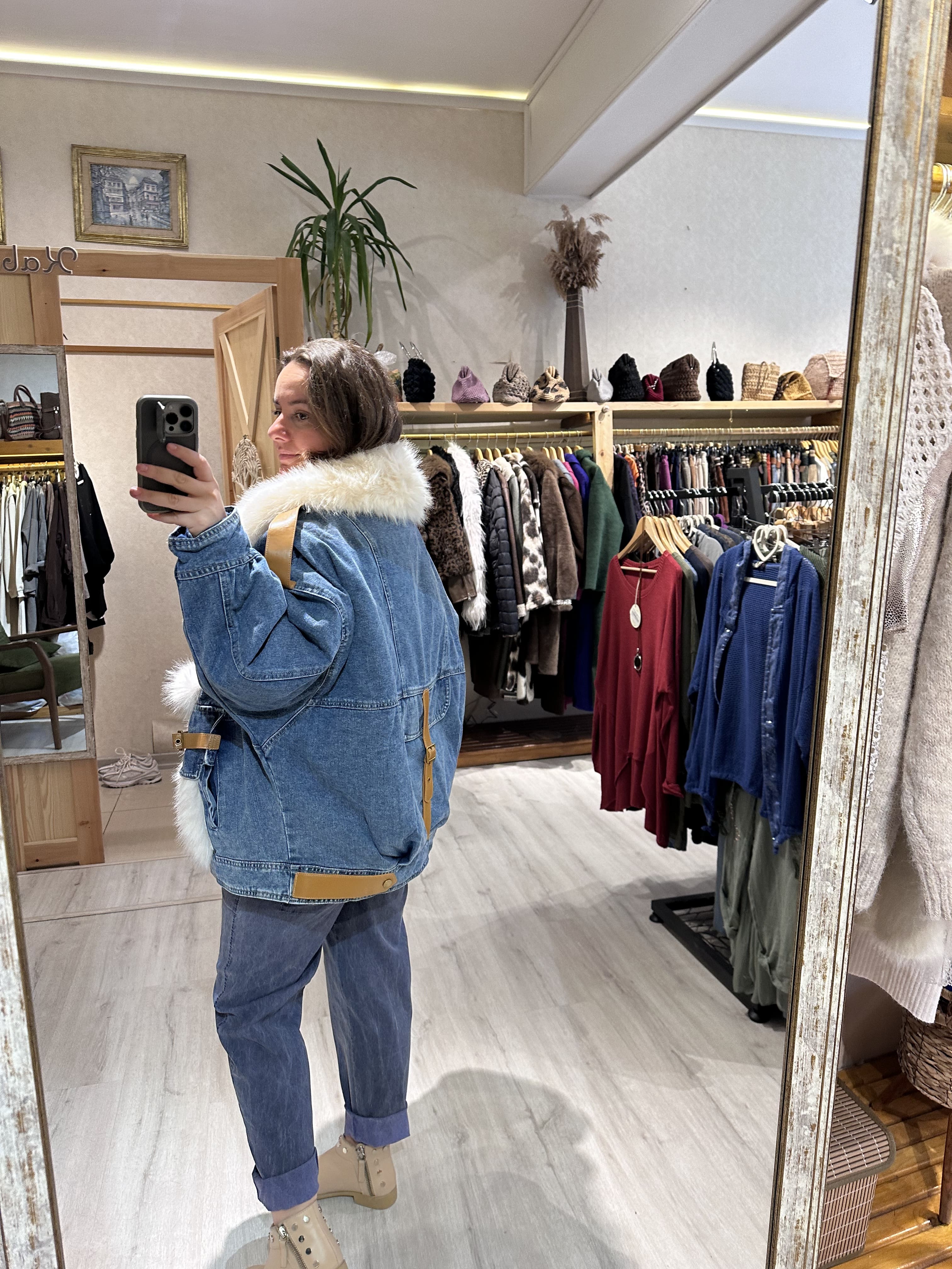 Deri Detaylı Kürklü Kot Ceket YY055