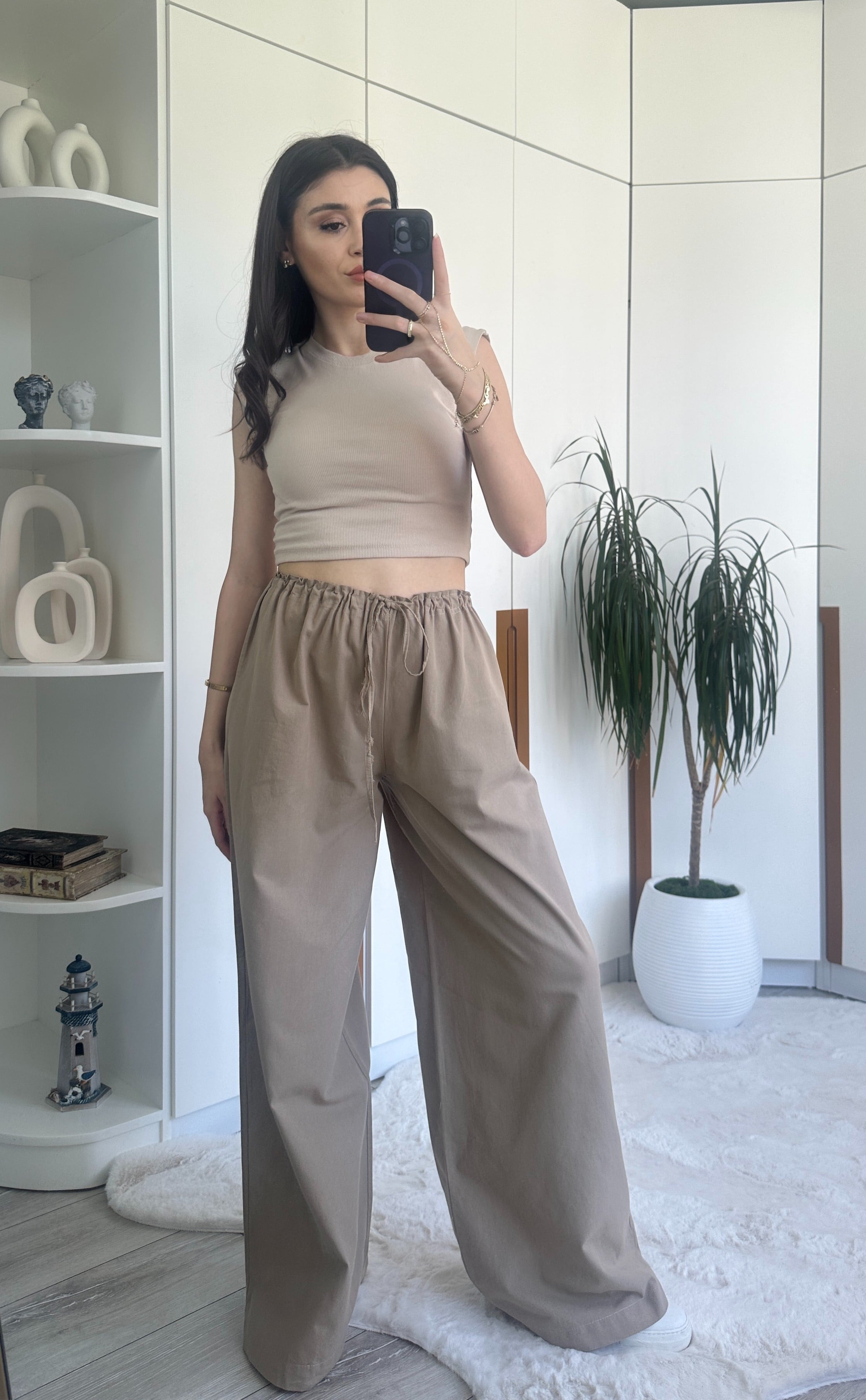 Keten Wide Leg Pantolon - Bej