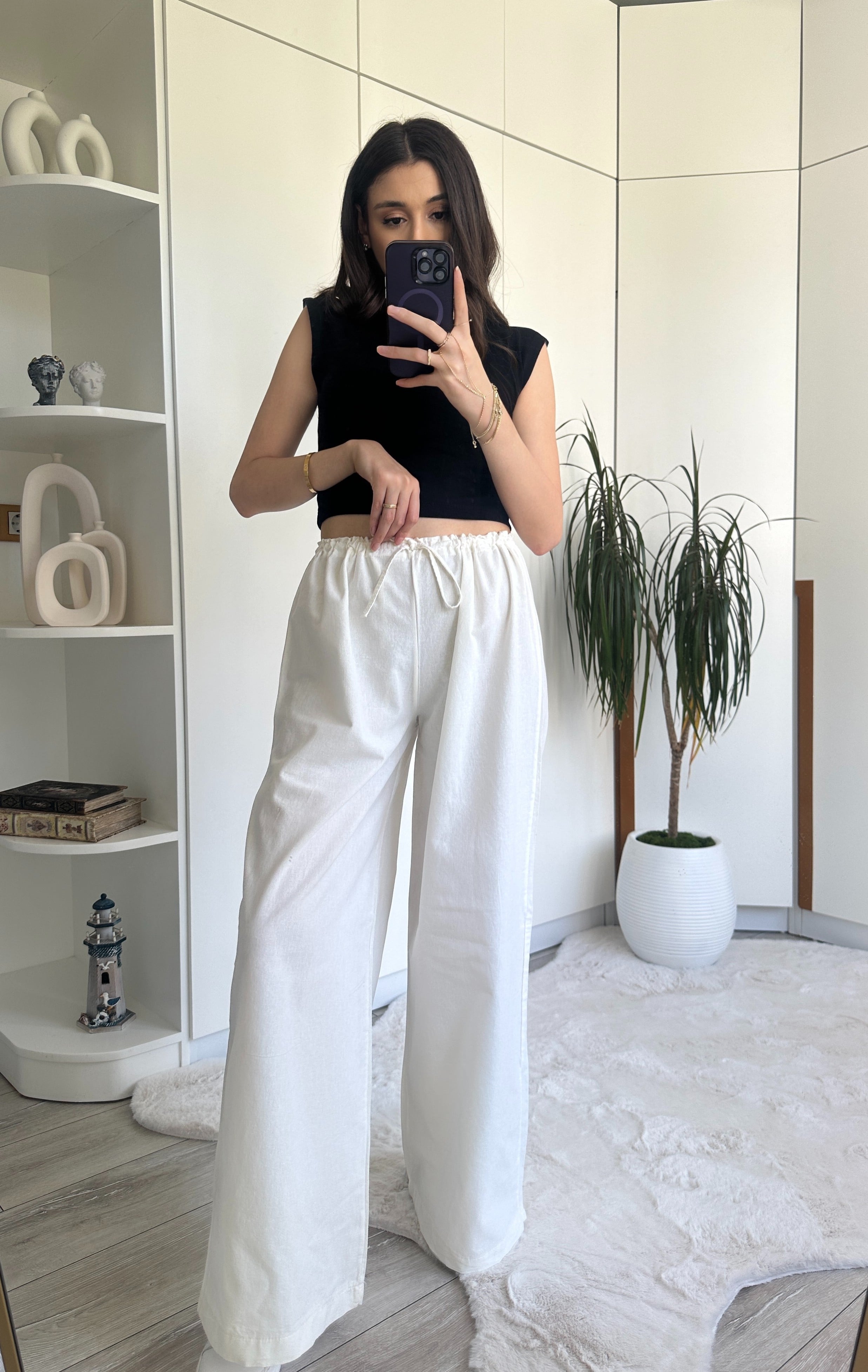 Keten Wide Leg Pantolon - Beyaz