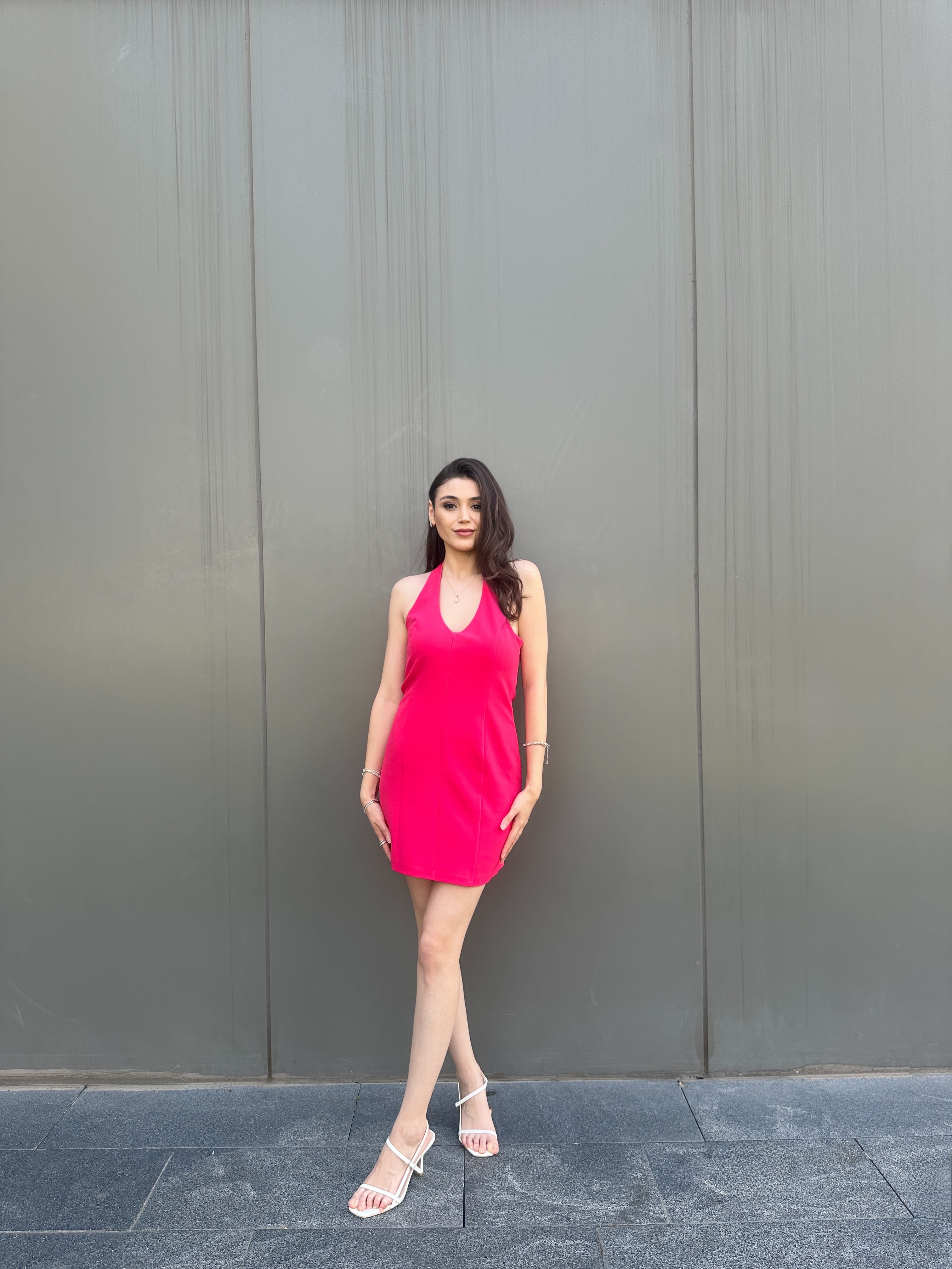 Halter Yaka Mini Elbise  - Fuşya