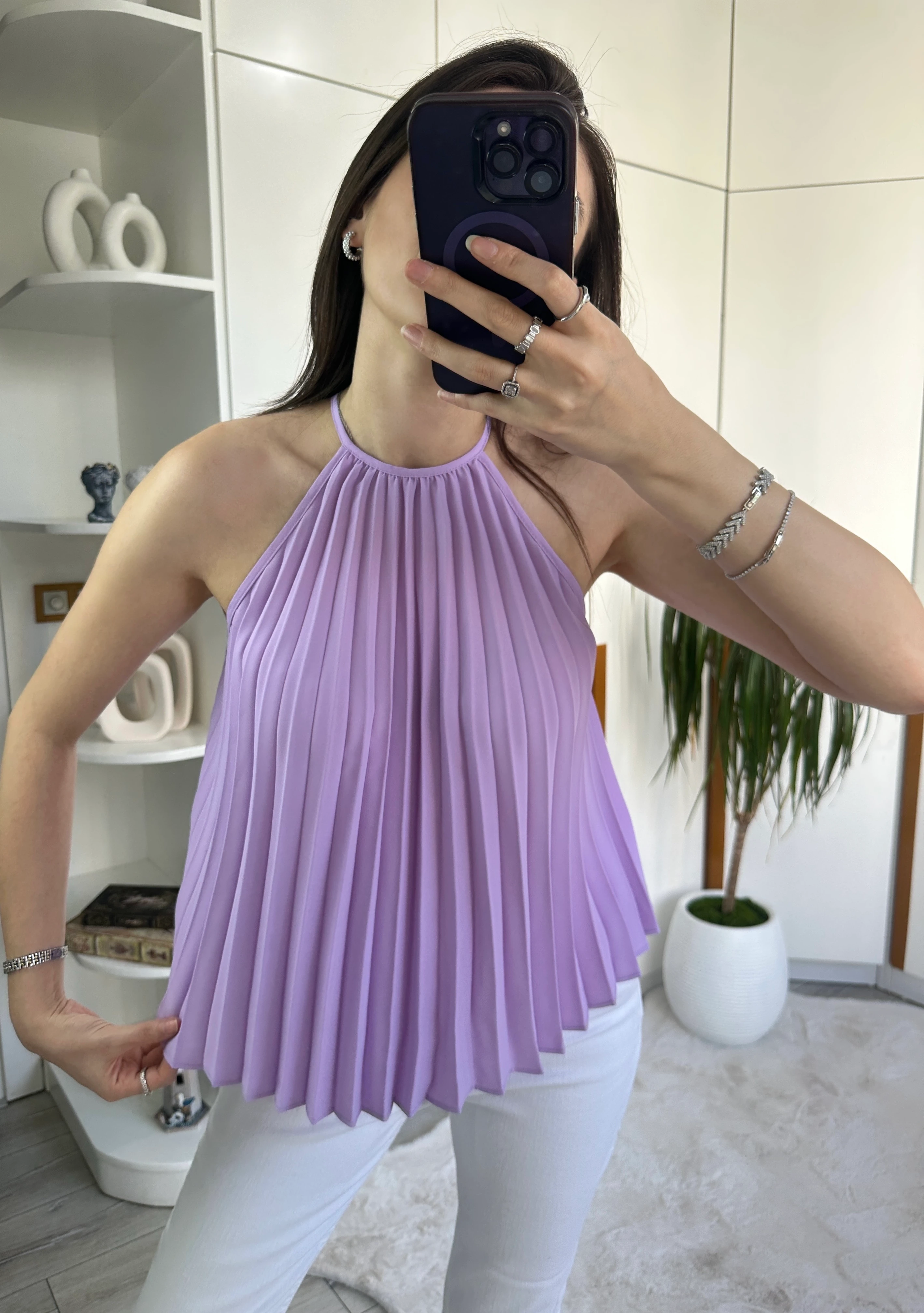 Pileli Halter Yaka Bluz