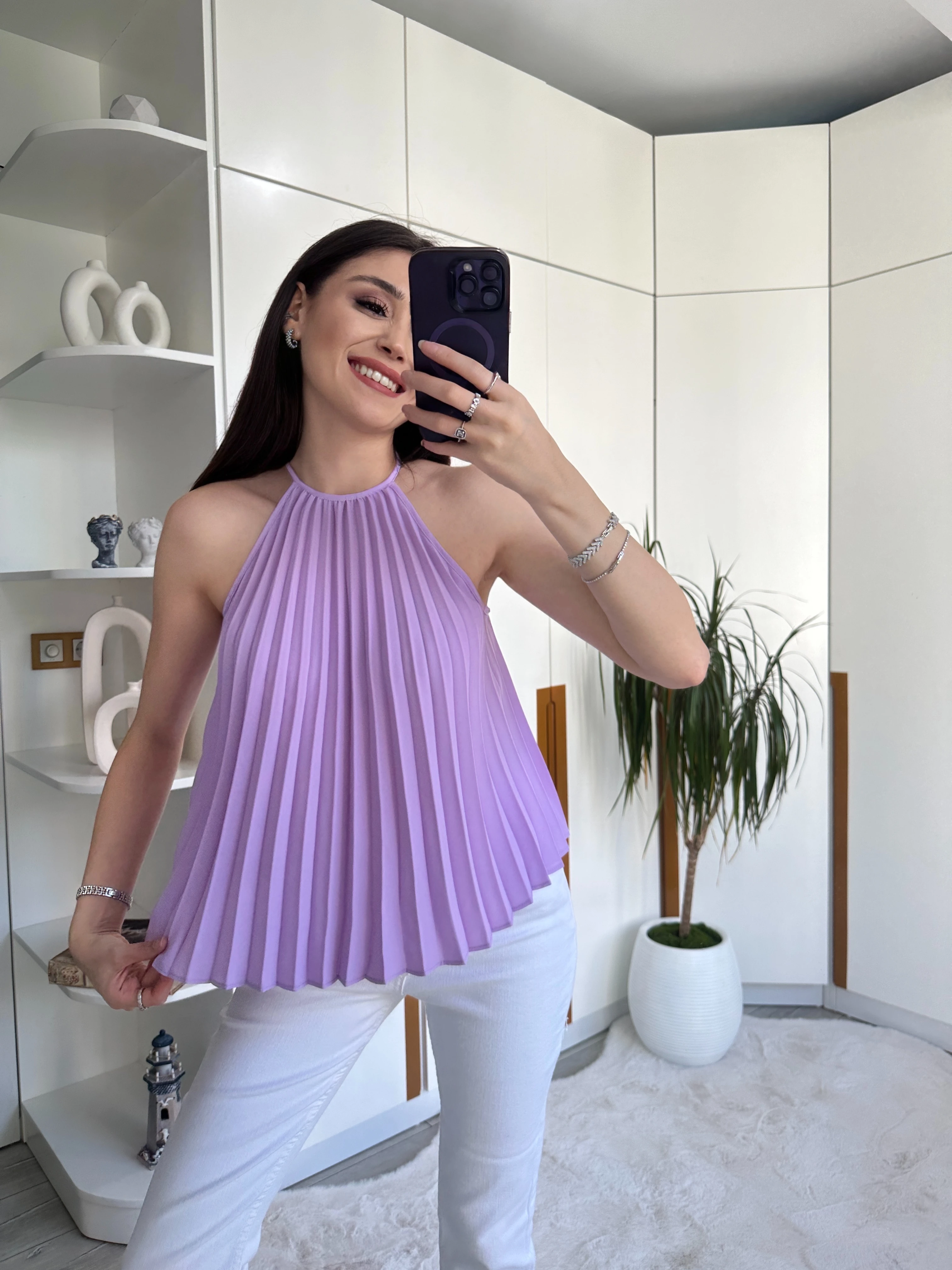 Pileli Halter Yaka Bluz