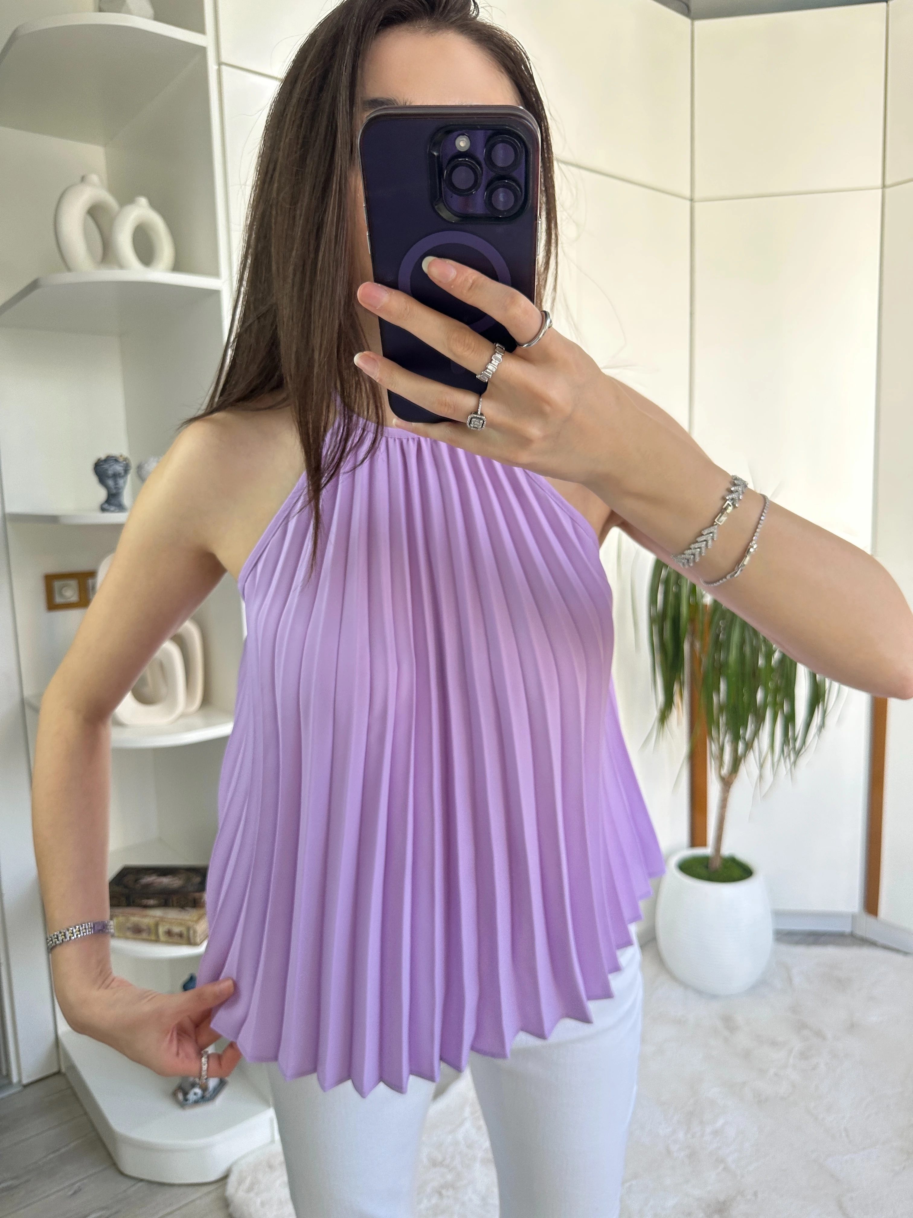 Pileli Halter Yaka Bluz