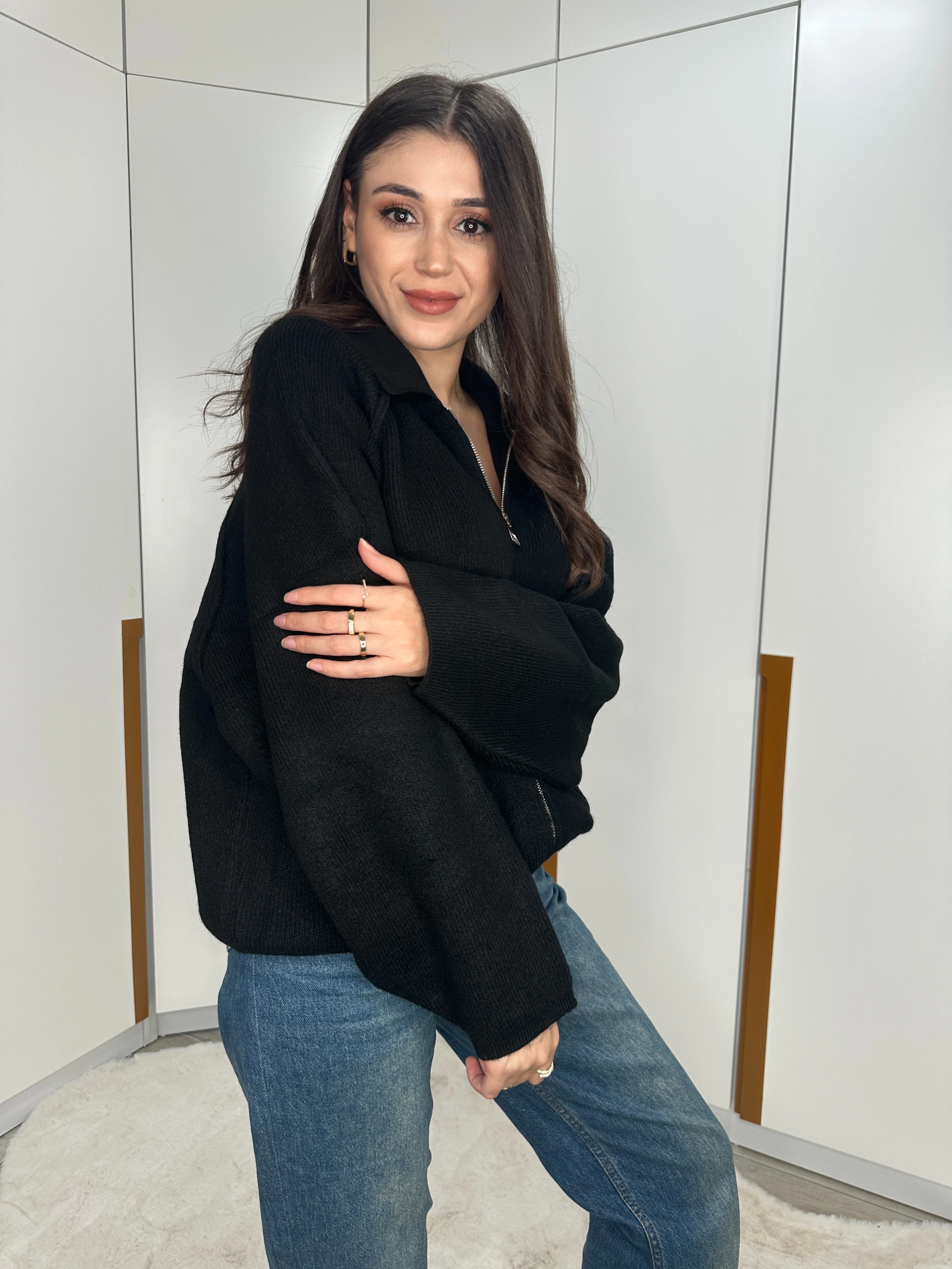 Fermuarlı Kalın Hırka  - Siyah