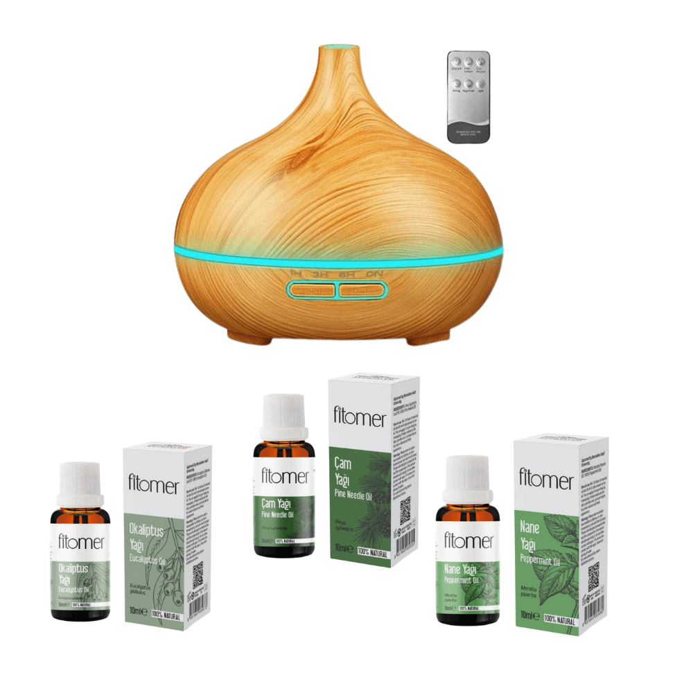 Fitomer Aromaterapi Seti (Çam + Okaliptus + Nane + Difüzör 550 ML Açık Ahşap)