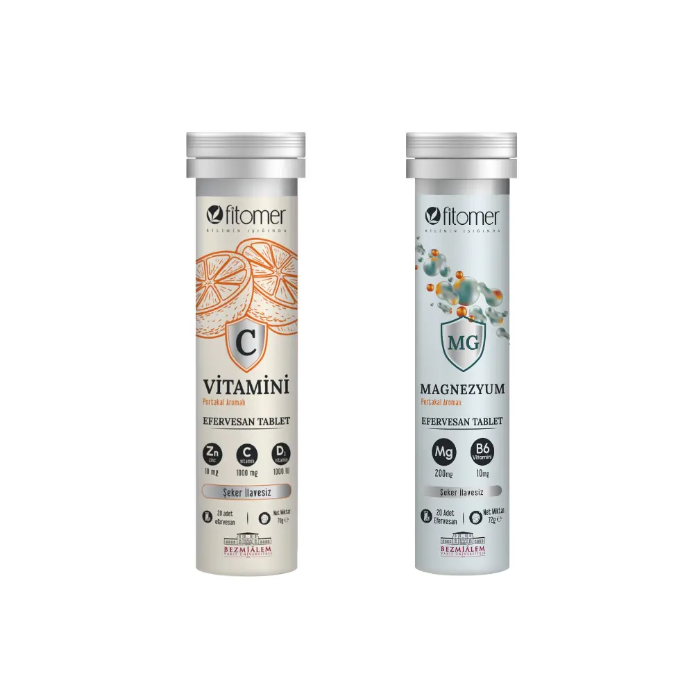 Fitomer 2'li Efervesan Seti Magnezyum ve P5P (Vitamin B6) C Vitamin D ve Çinko Efervesan