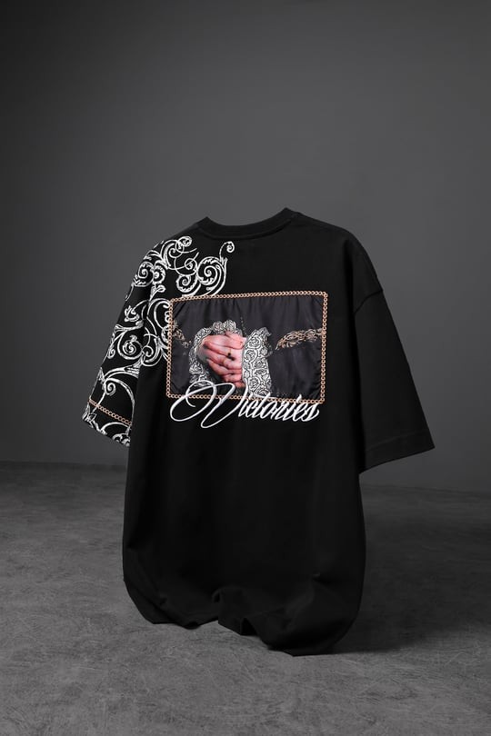 Erkek Siyah Victories Patch Nakışlı Oversize Tshirt