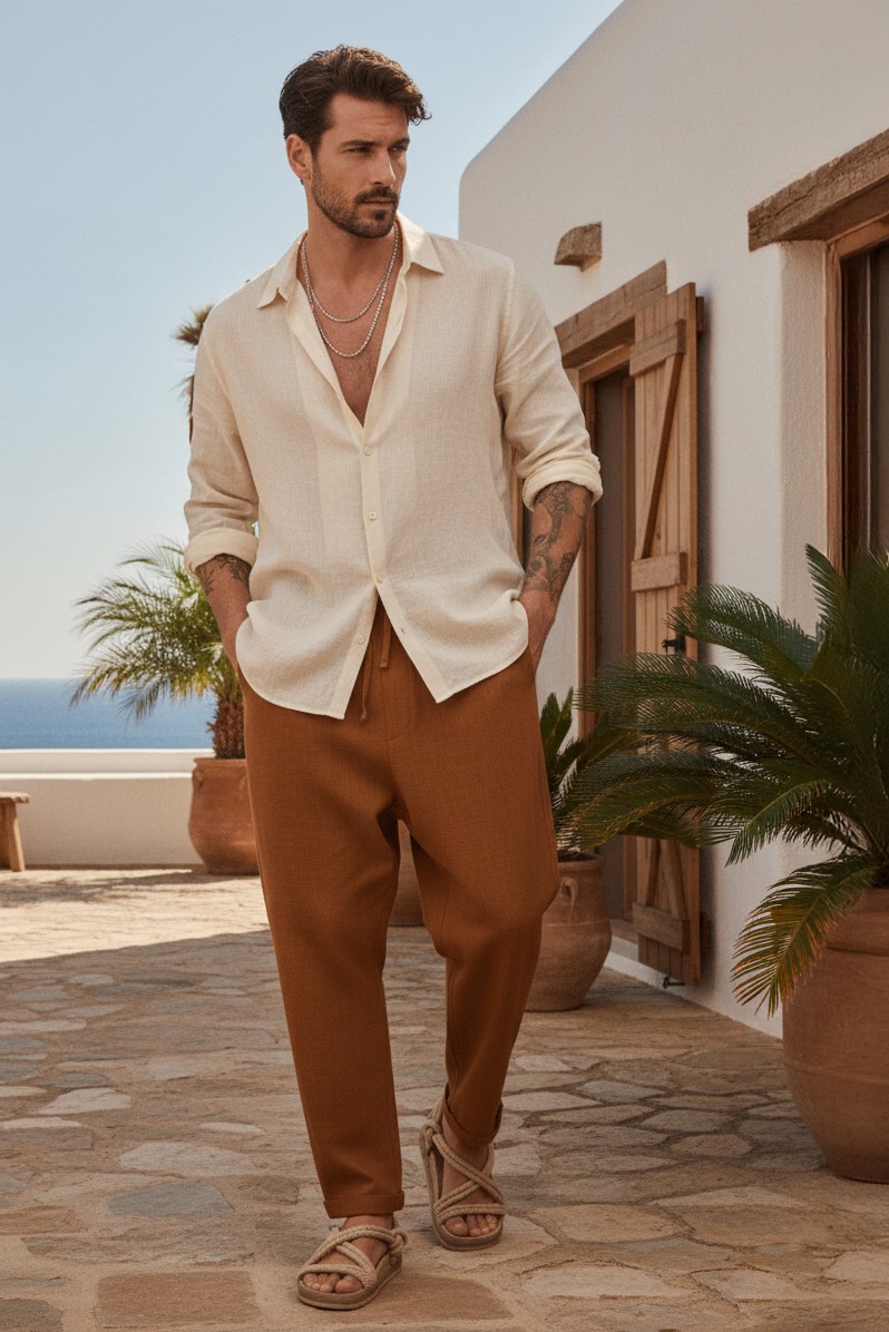 Camel Loose Fit Linen Pants