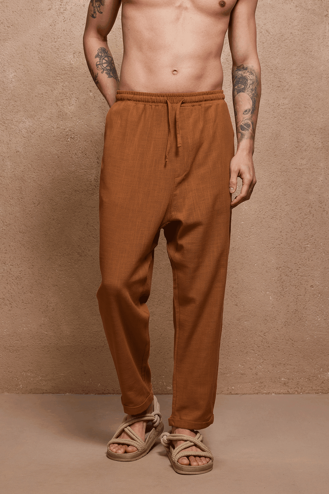 Camel Loose Fit Keten Pantolon