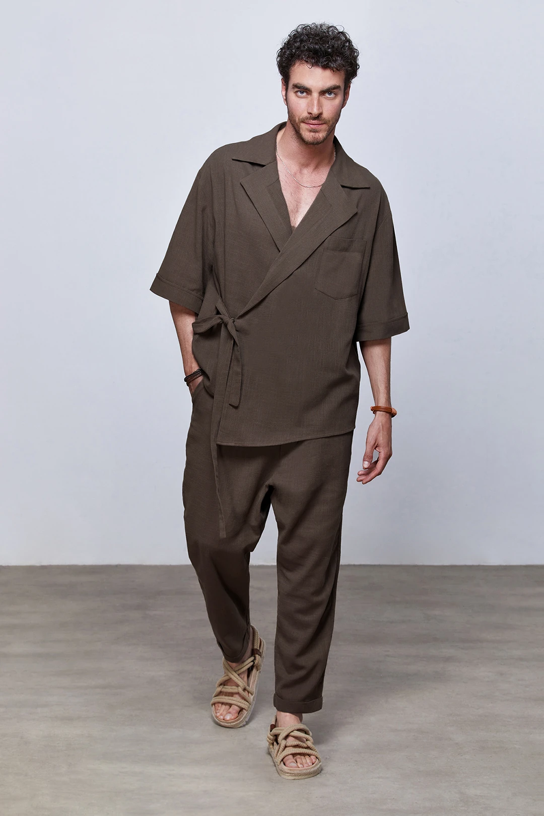 Espresso Kahve Keten Kruvaze Ceket & Pantolon Takım