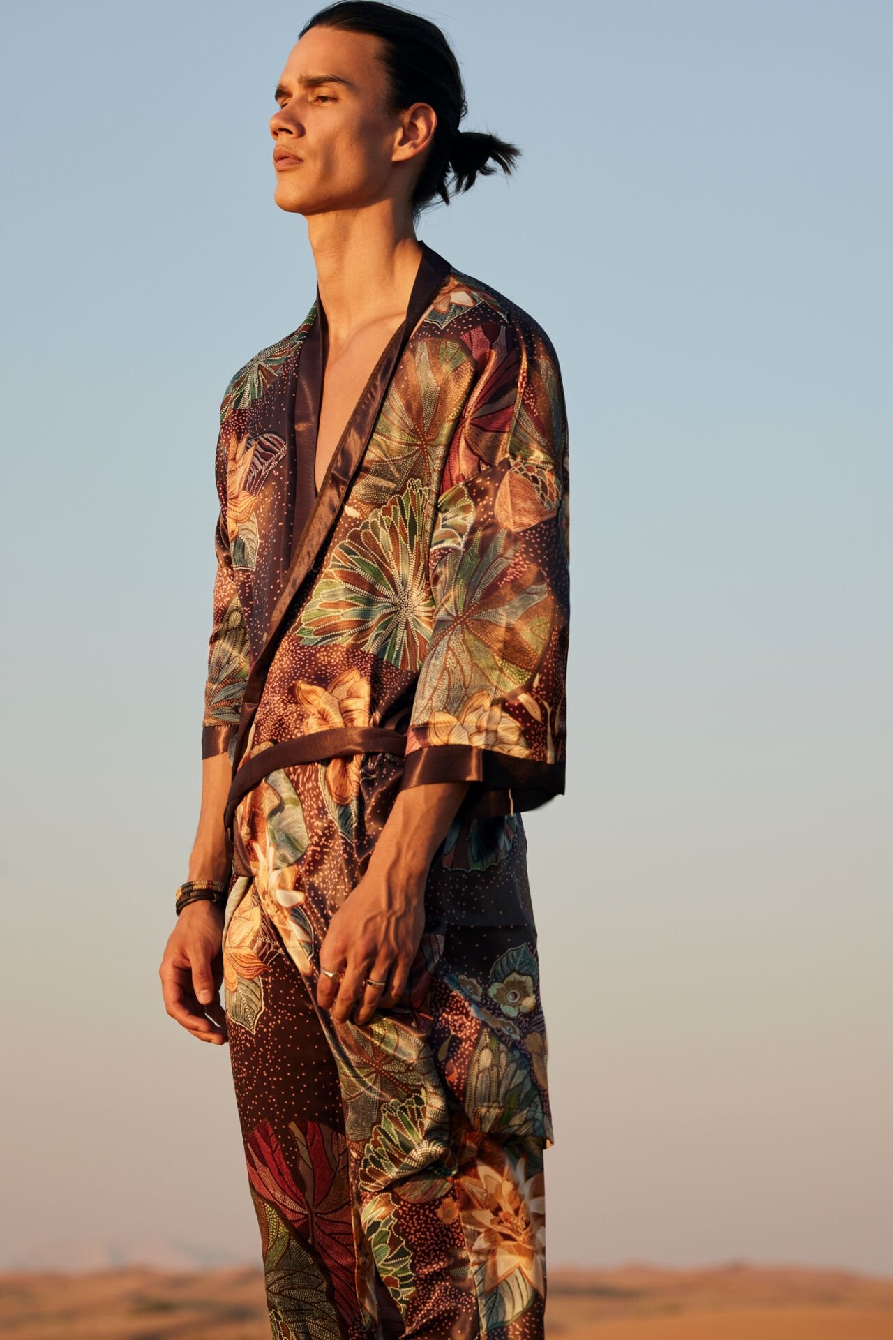 Chocolate Floral Kimono & Pantolon Takım