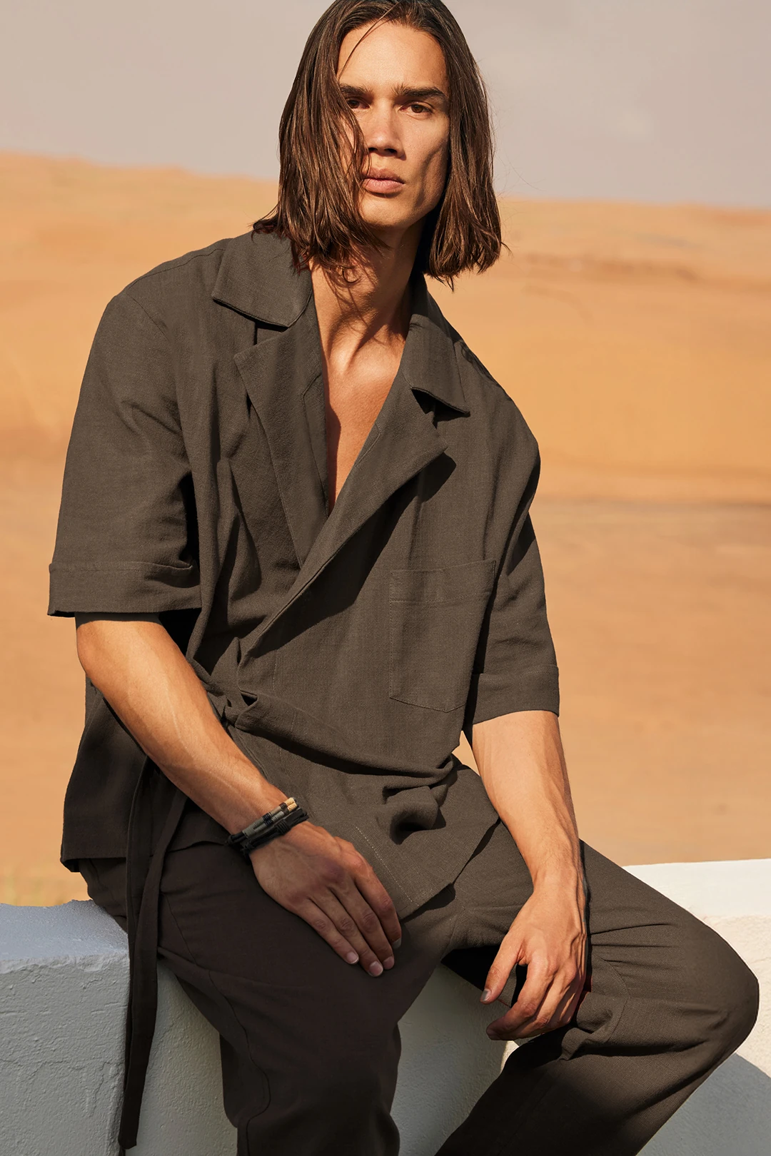 Espresso Kahve Keten Kruvaze Ceket & Pantolon Takım