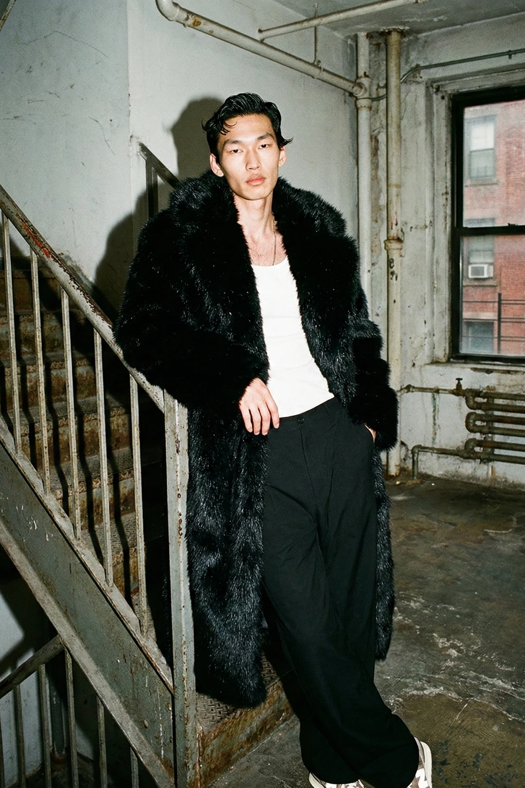 Siyah Uzun Faux Fur Ceket