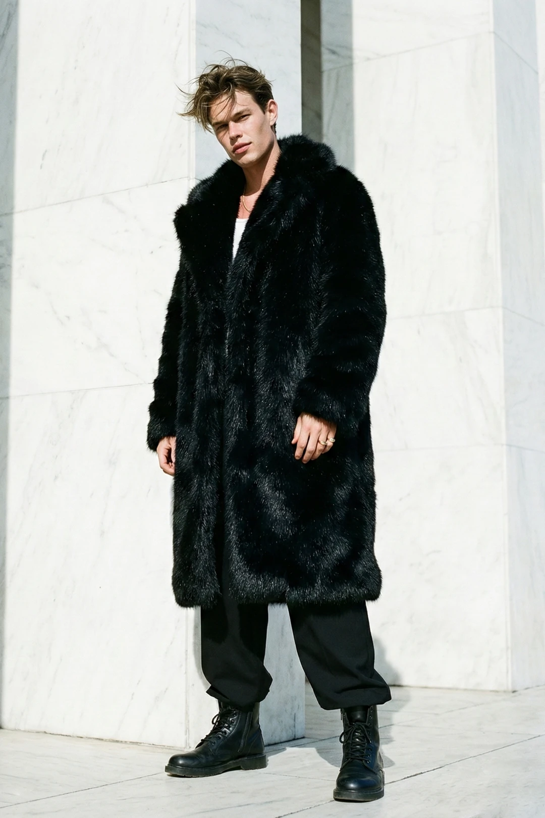 Siyah Uzun Faux Fur Ceket