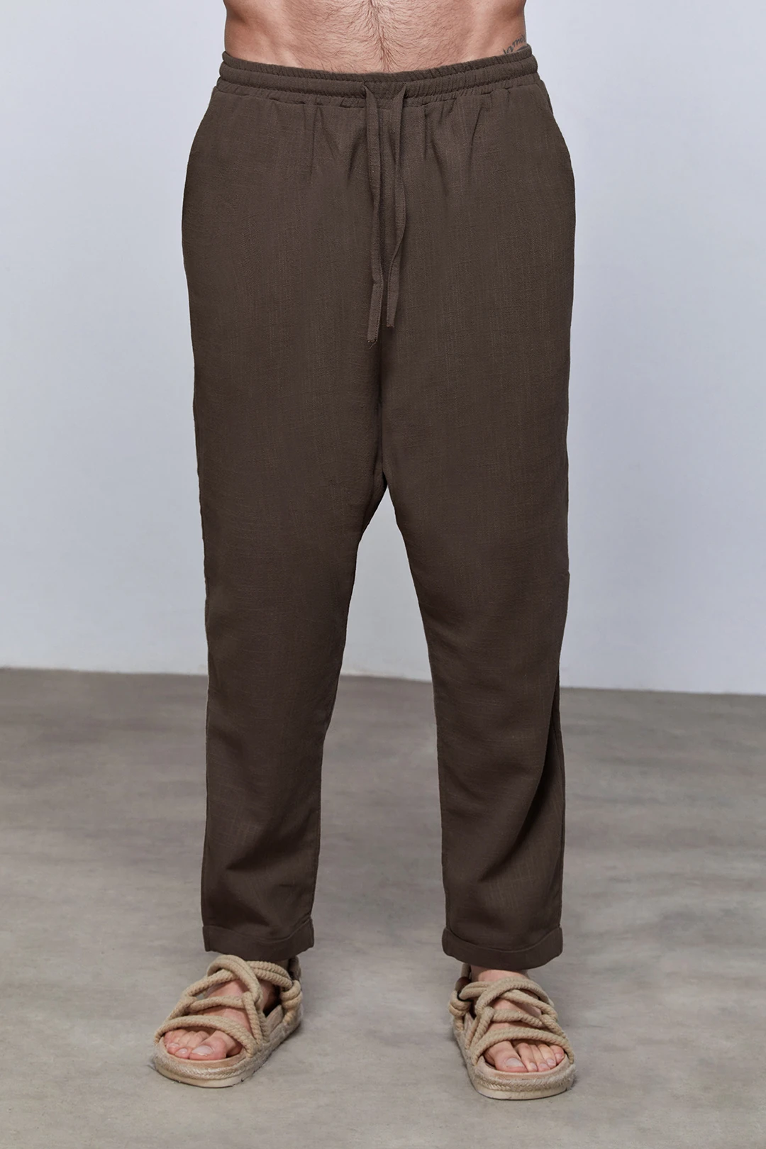 Espresso Kahve Keten Kruvaze Ceket & Pantolon Takım