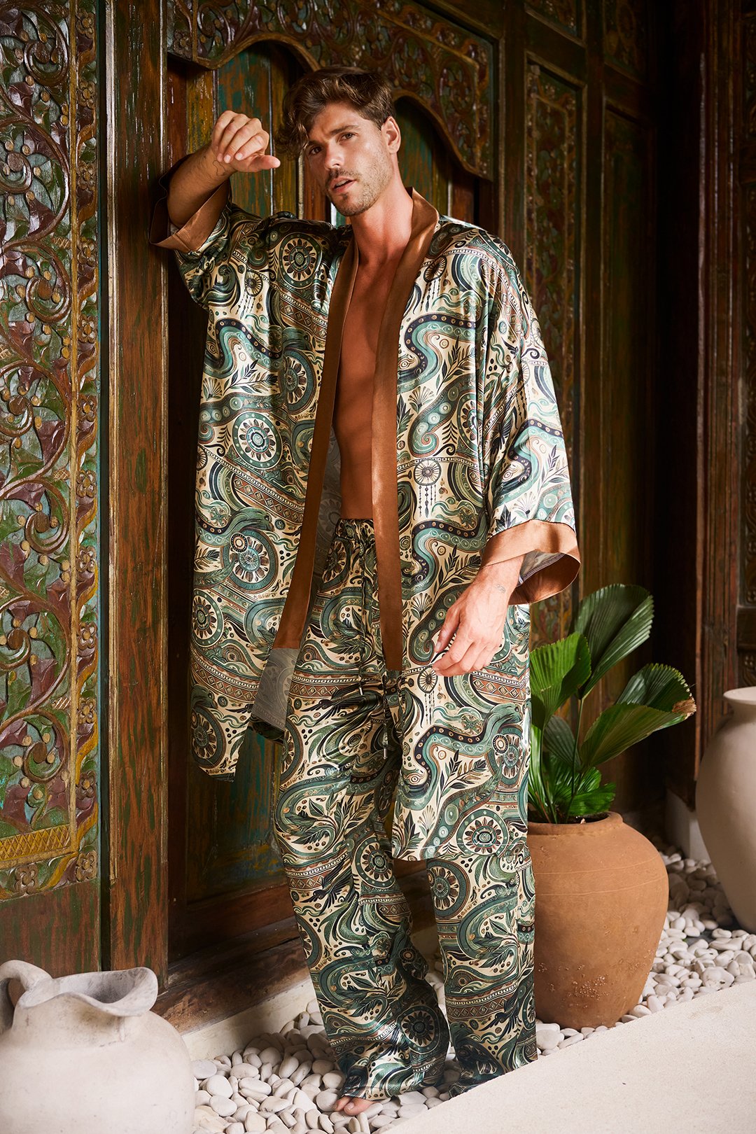 Emerald Mirage Luxury Kimono & Pants Set