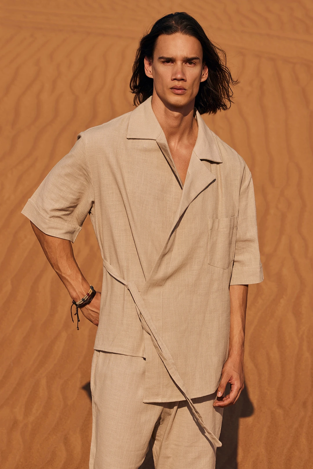 Krem Keten Kruvaze Ceket & Pantolon Takım